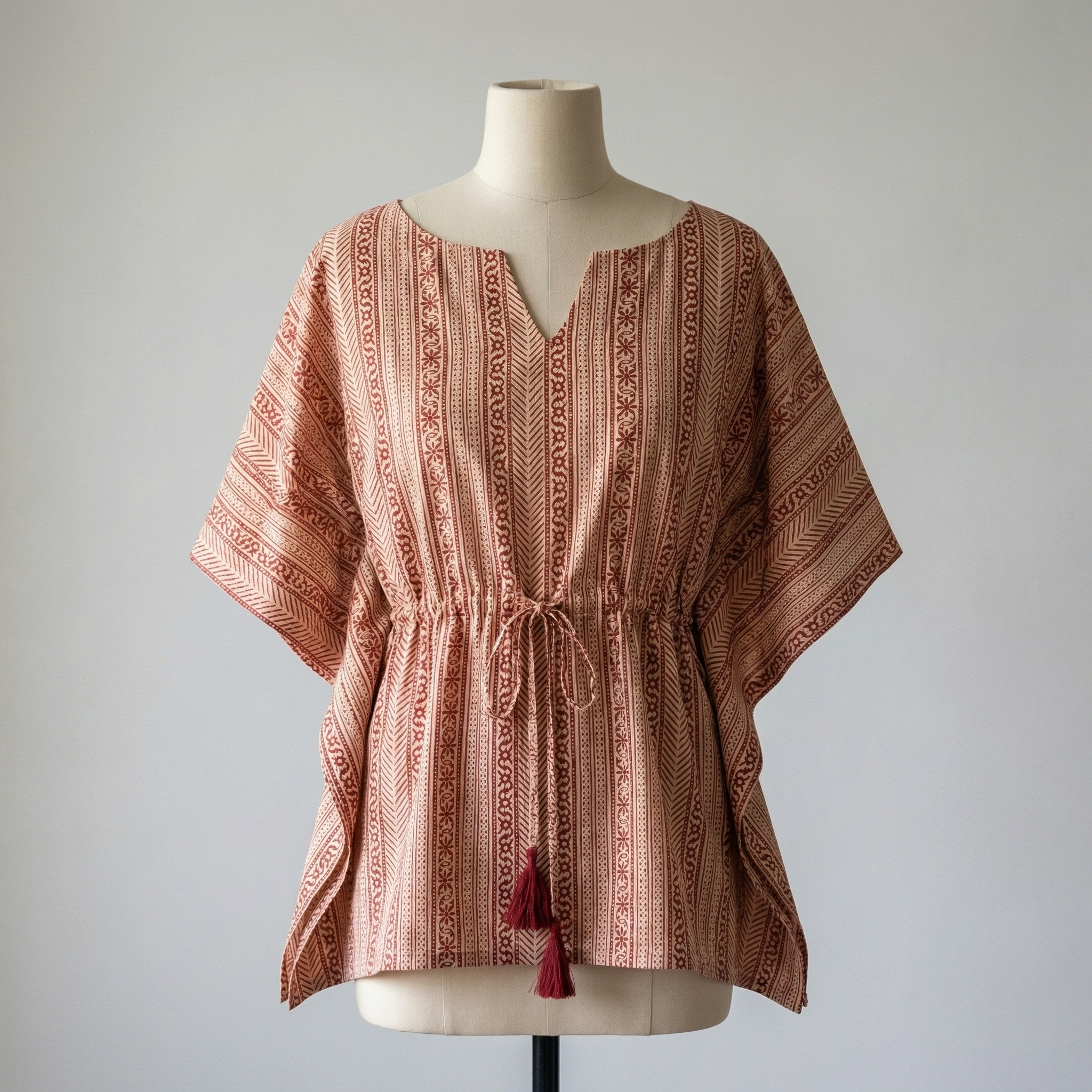 Kaftan Top #27- abstract printed organic cotton kaftan top in beige and reddish brown