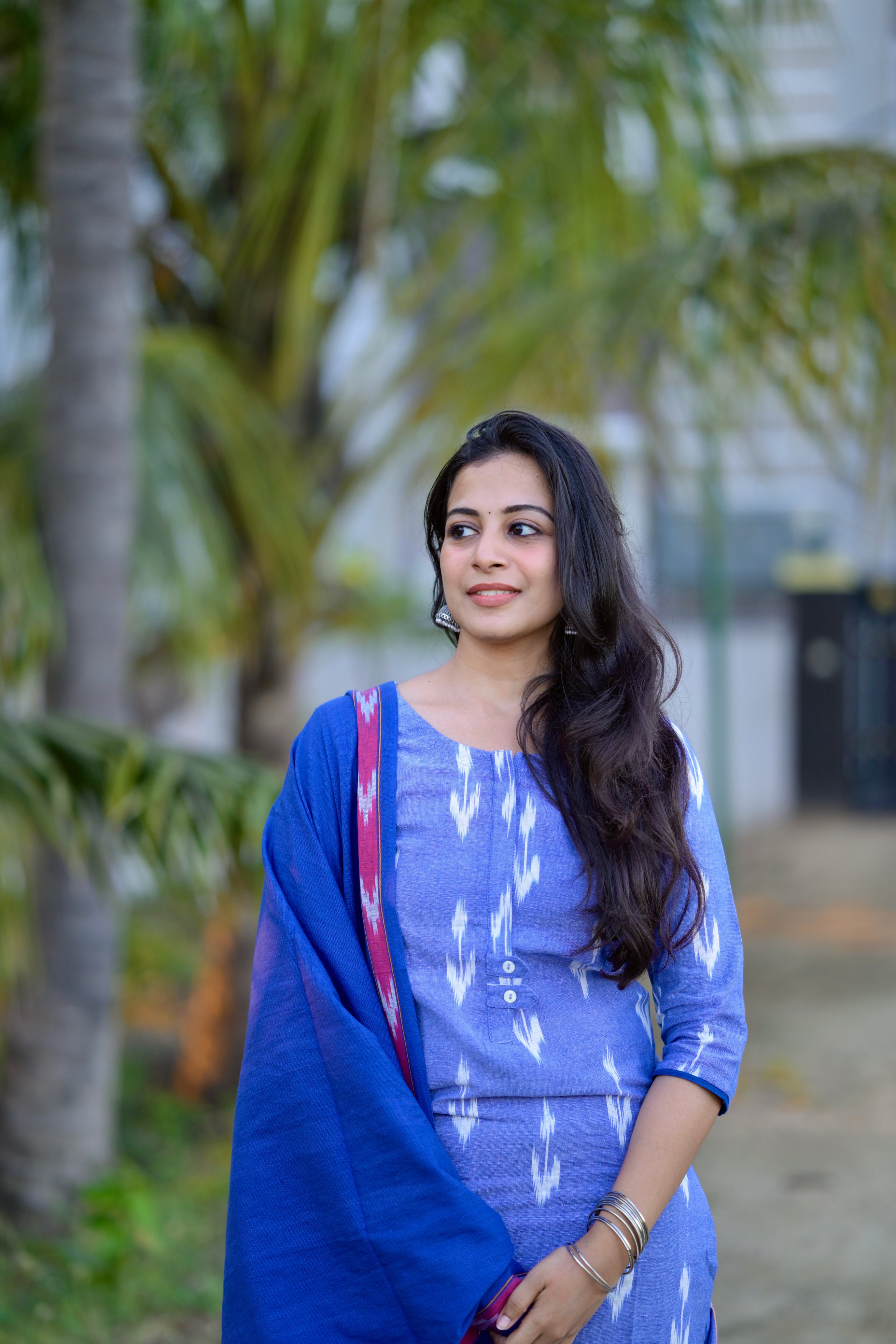 Meghavi - pochampally ikkat handloom cotton suit set in denim & rexona blue