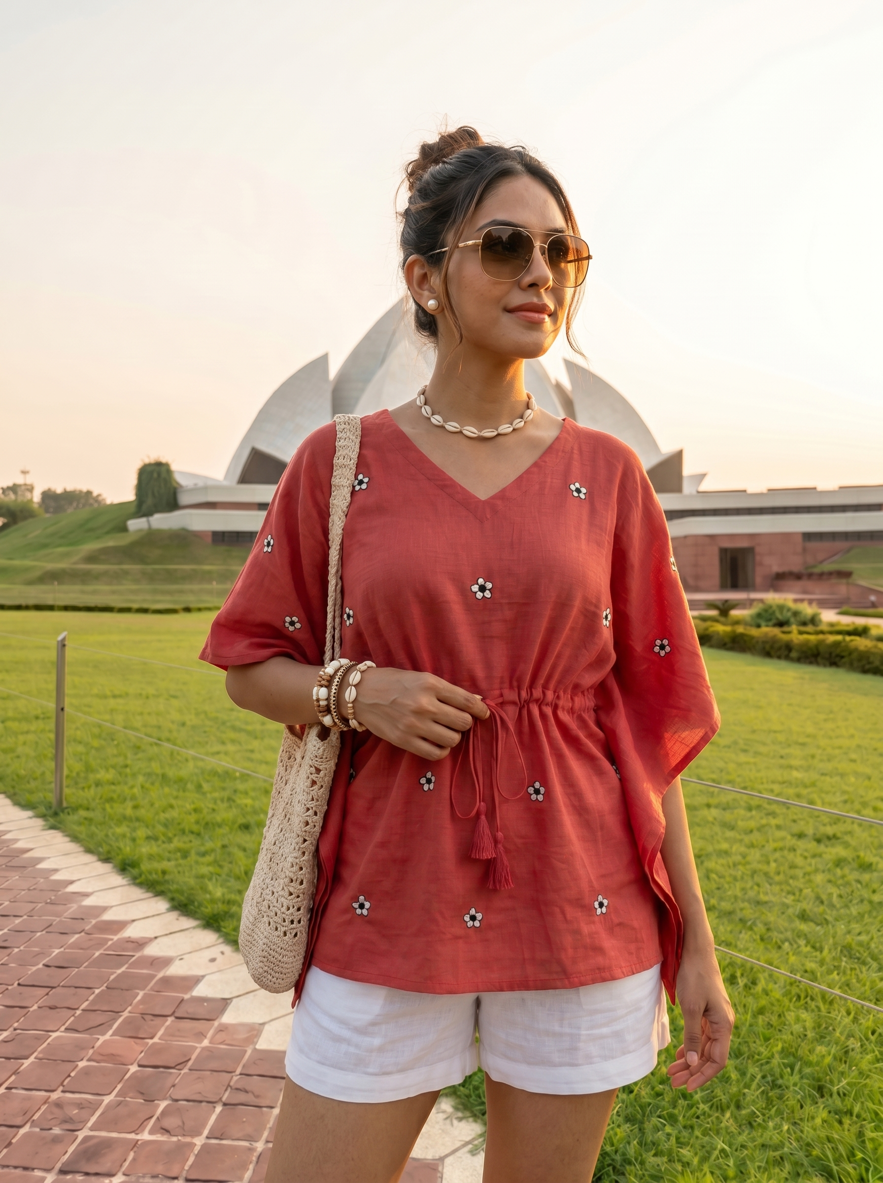 Kaftan Top #92 - Floral motiff embriodered organic cotton kaftan top in rust red