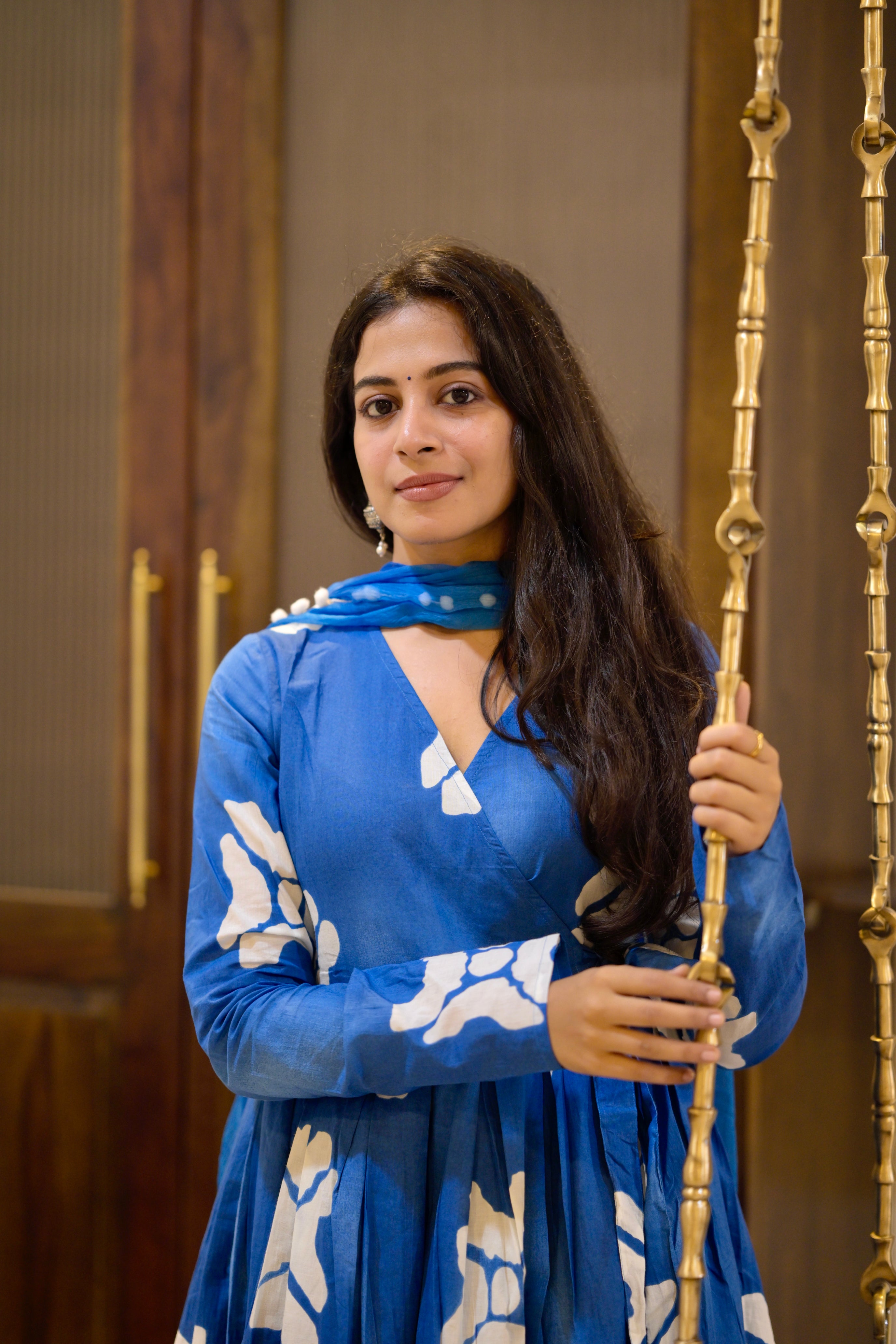 Atulya - floral silhouette hand dyed organic cotton wrap style anarkali suit set in blue