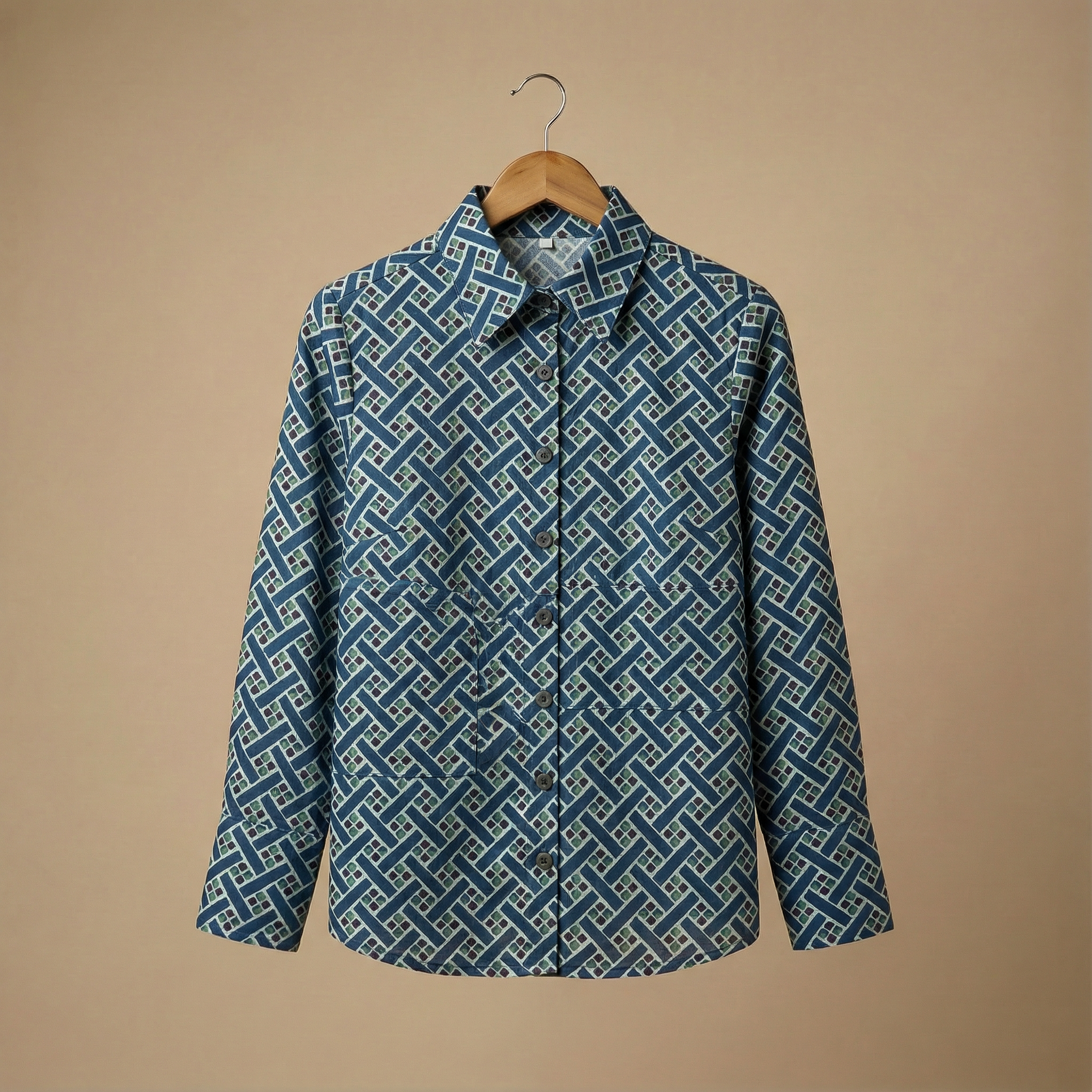 Women's shirt 14- Abstract printed organic cotton shirt in blue