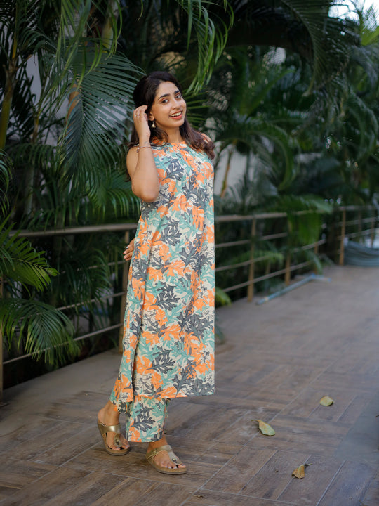 Aveena - multi colour leaf handblock printed halter neck kurta set