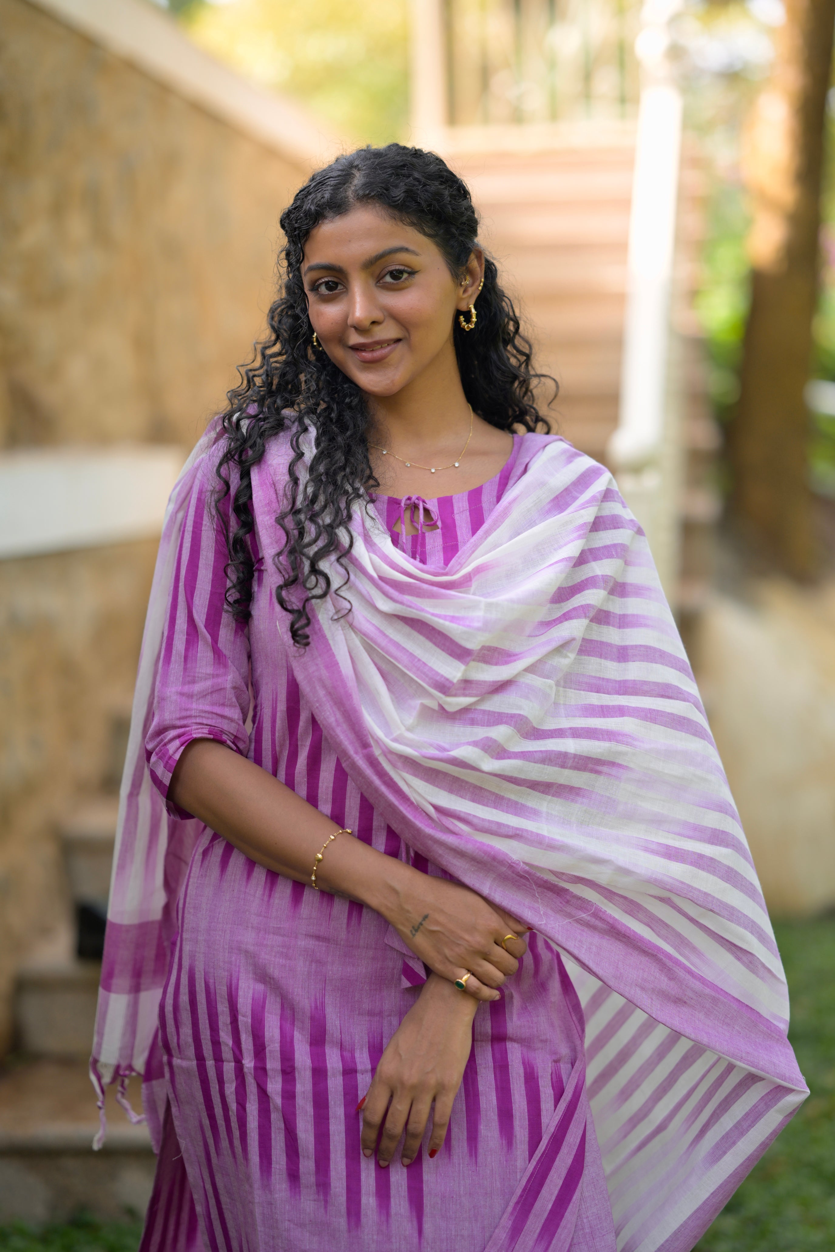 Kayal( purple ) - ikkat handloom cotton suit set with dupatta in purple colour
