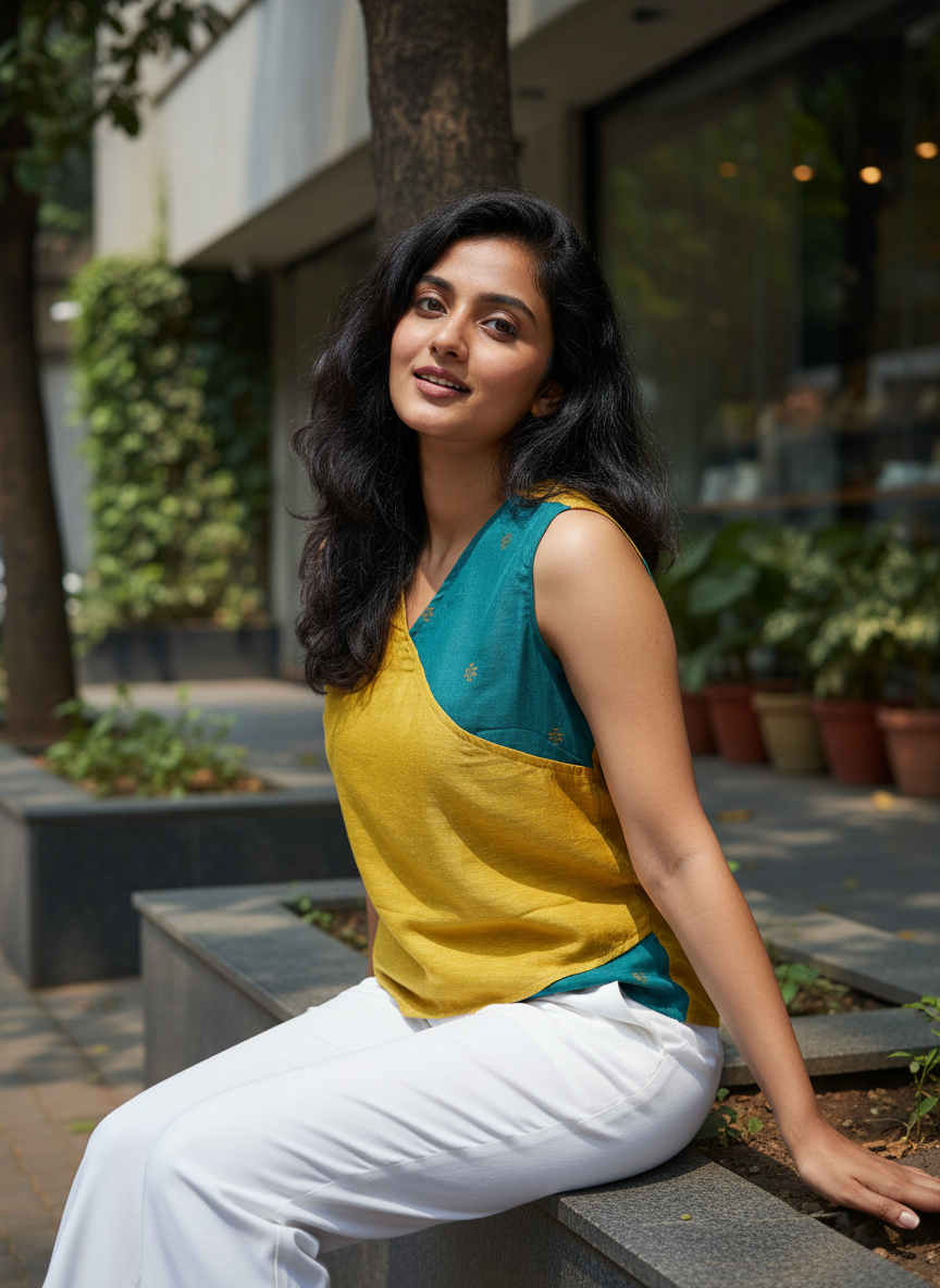 Crop top #25- handloom organic cotton top in mint green & yellow