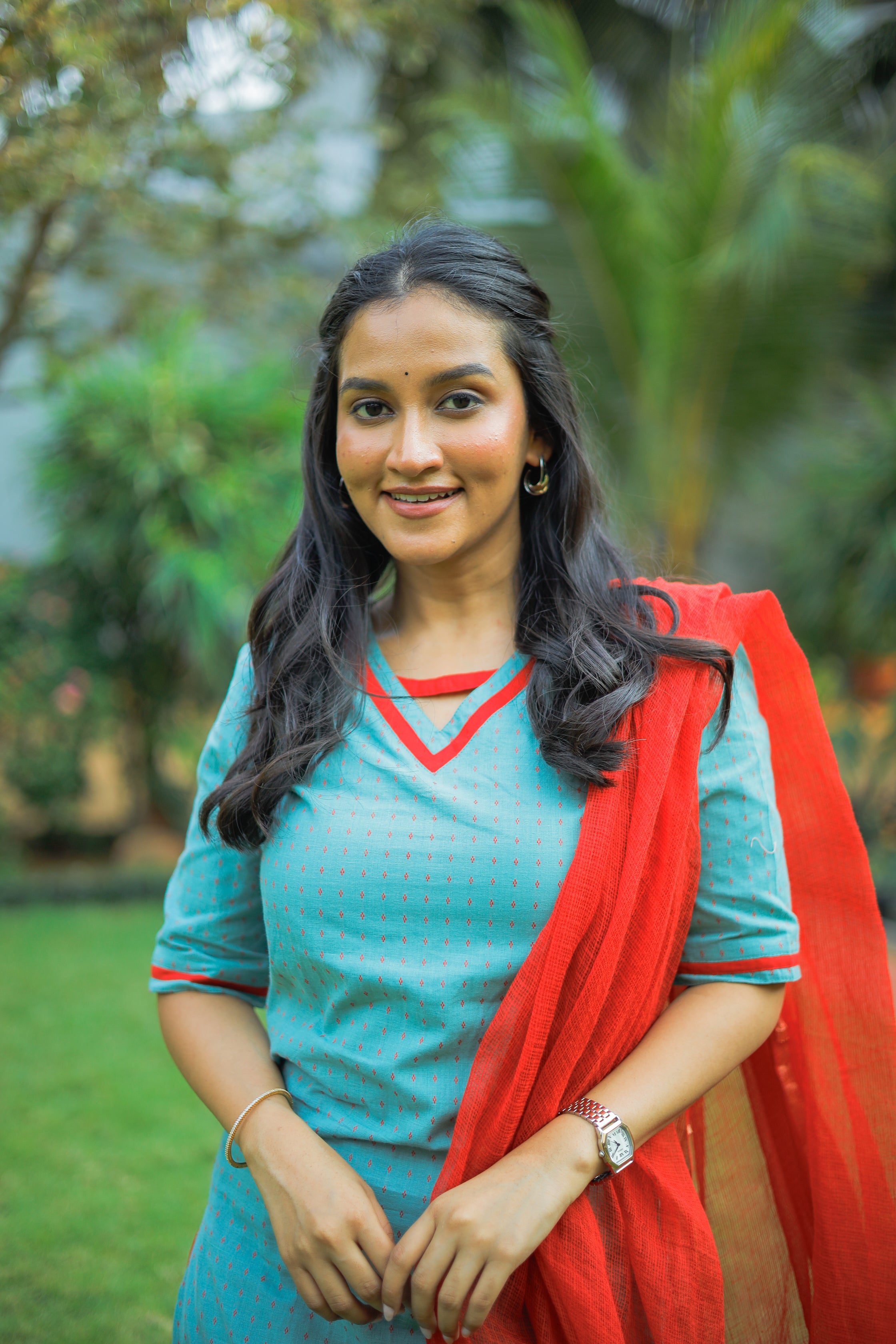 Simran (mint green) - handloom cotton suit set in mint green and red