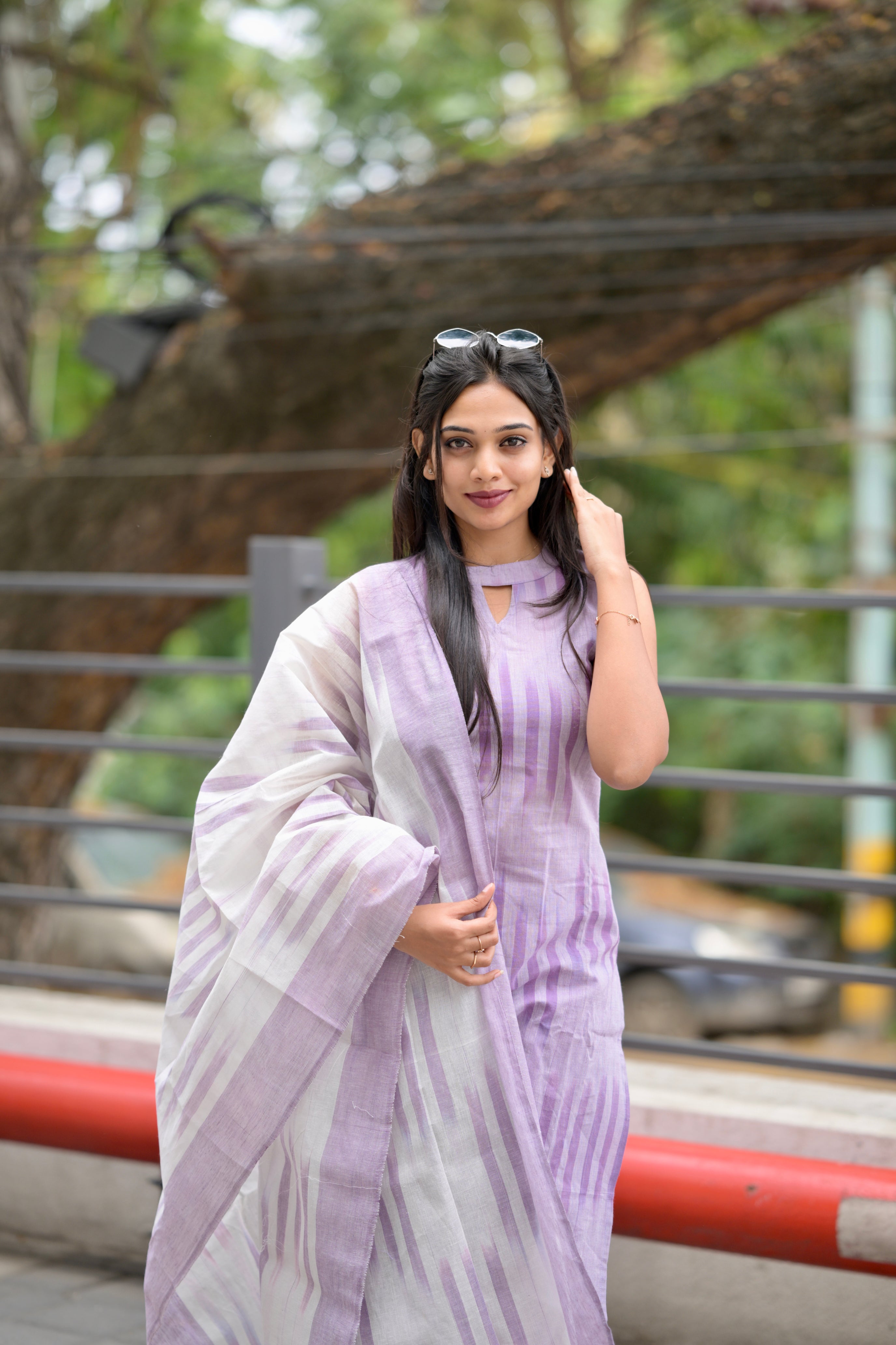 Kalki(lavender) - ikkat handloom cotton suit set with dupatta in lavender
