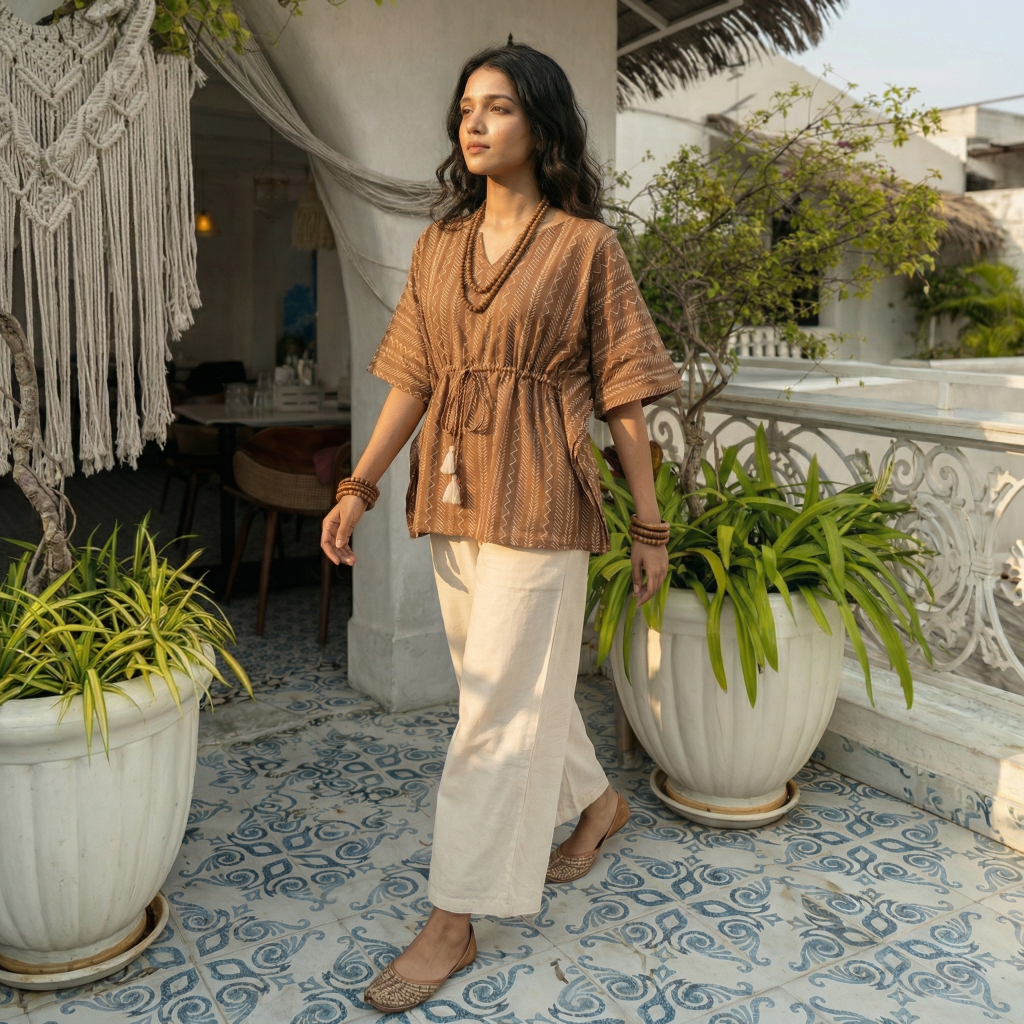 Kaftan Top #16- Zig zag and stripes printed organic cotton kaftan top in brown