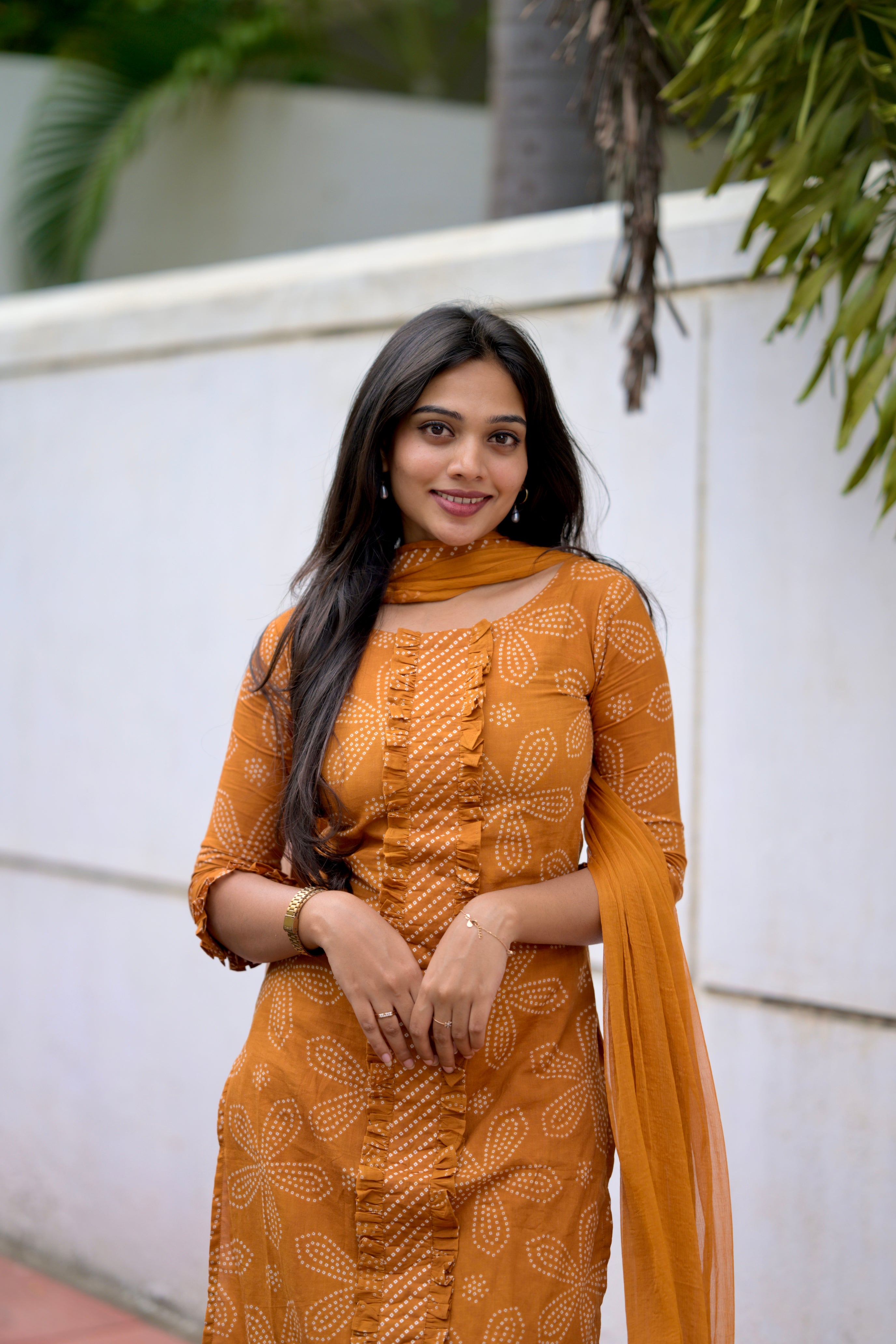 Bhavika (yellow) - floral bandhini handblock printed cotton suit set in mustard yellow colour