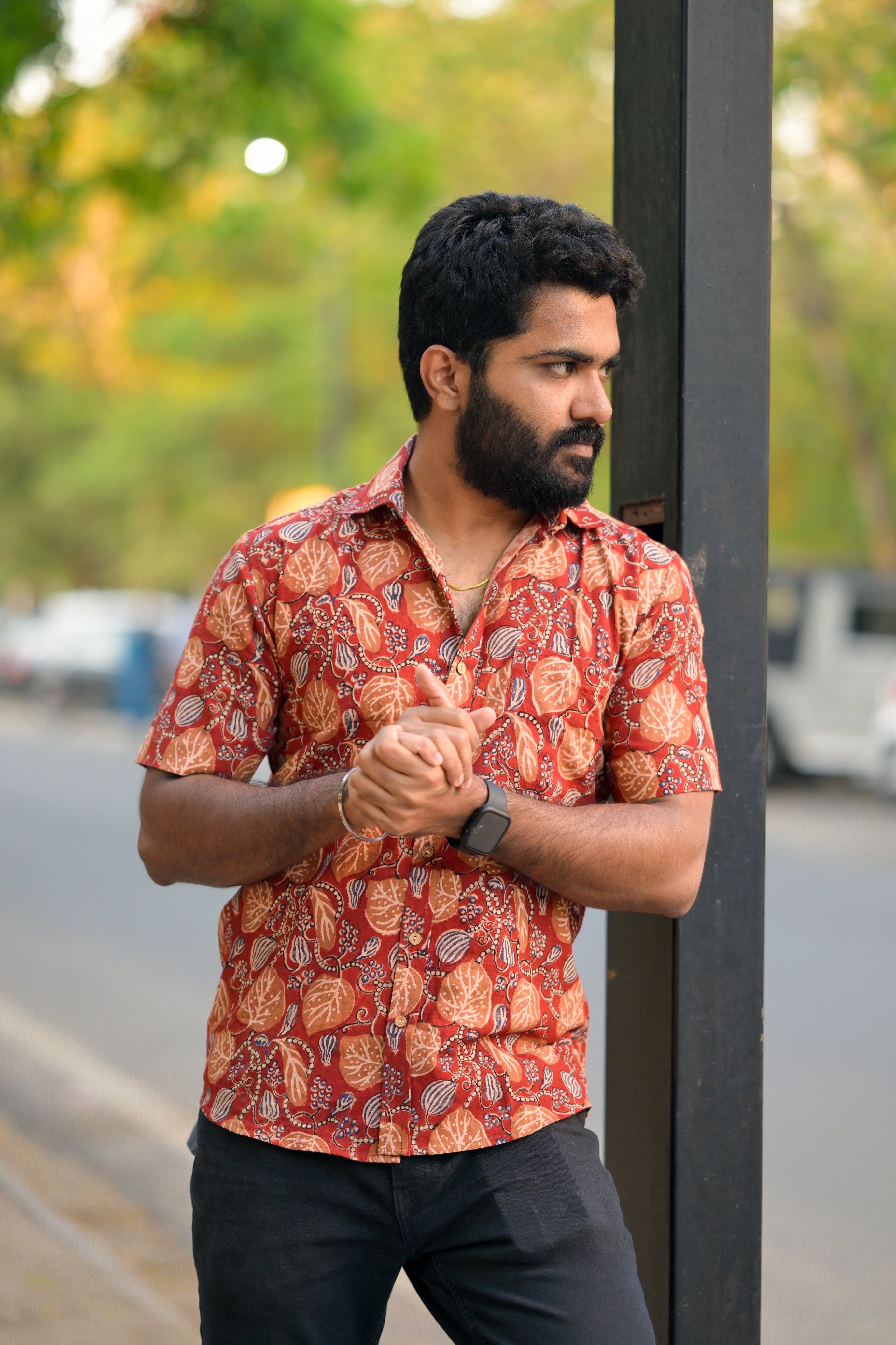 Shirt -31 - Leaf handblock printed organic cotton shirt in red and orange
