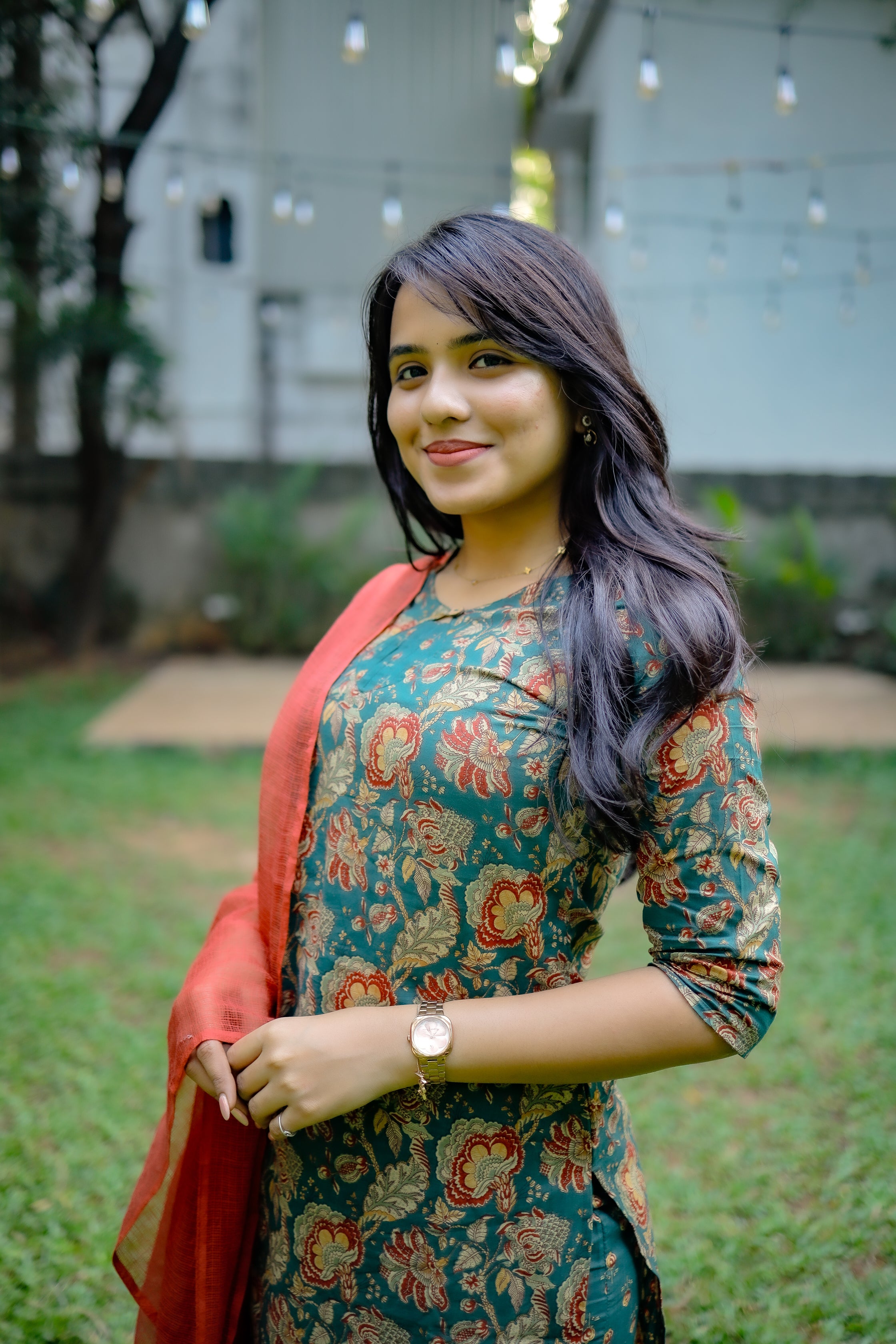 Prakalya - floral handblock printed cotton suit set in green and rust red