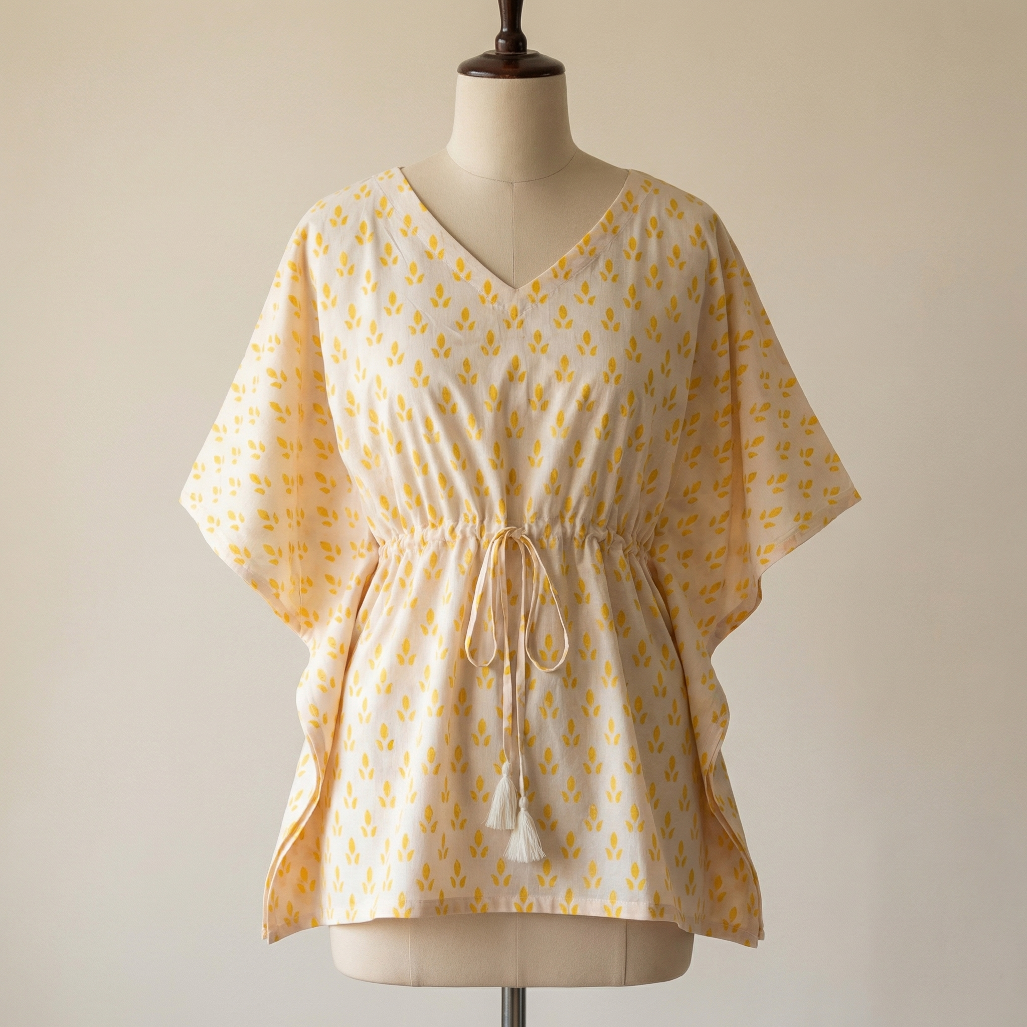 Kaftan Top #24- Floral leaf printed organic cotton kaftan top in off white and yellow