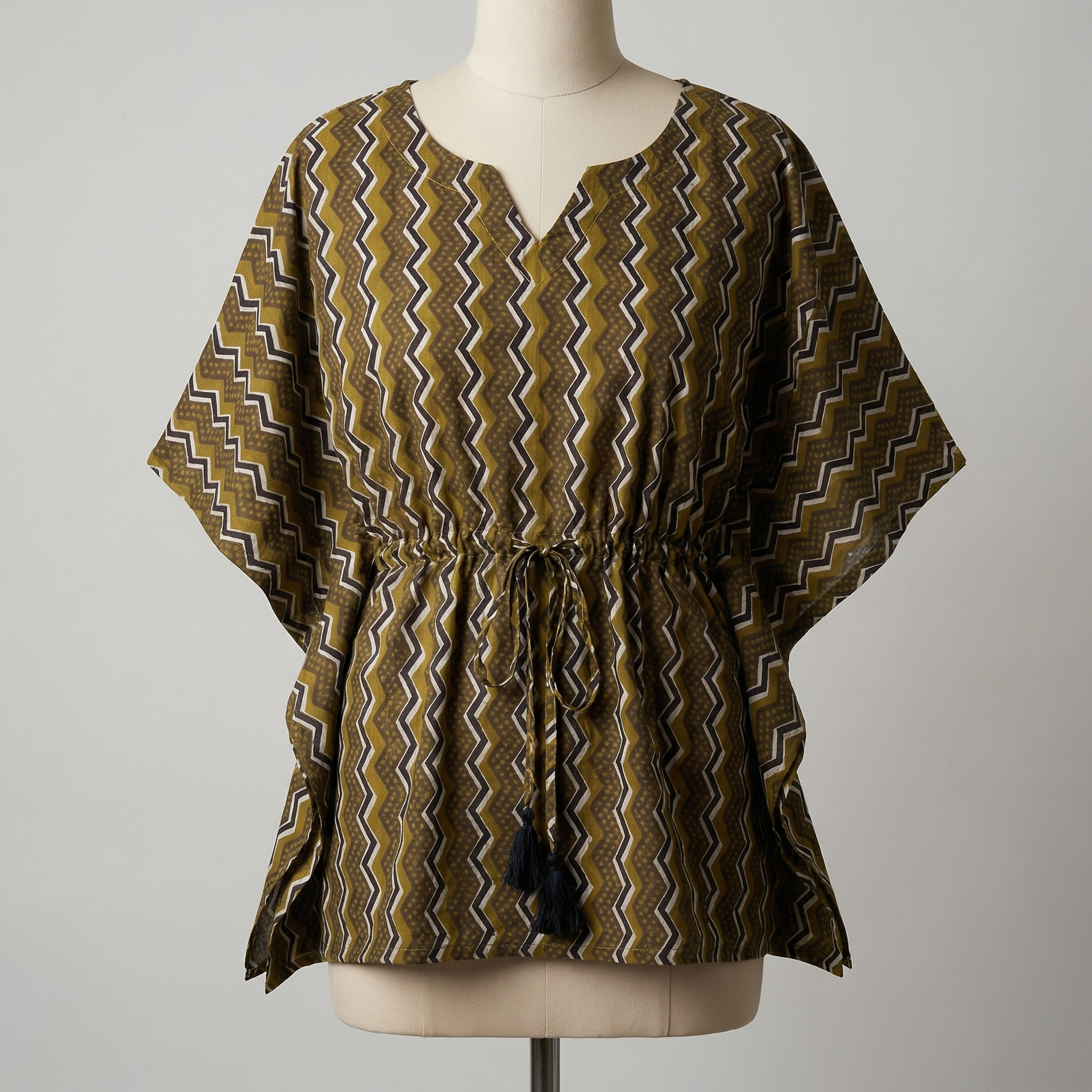 Kaftan Top #25- Zigzag printed organic cotton kaftan top in olive green