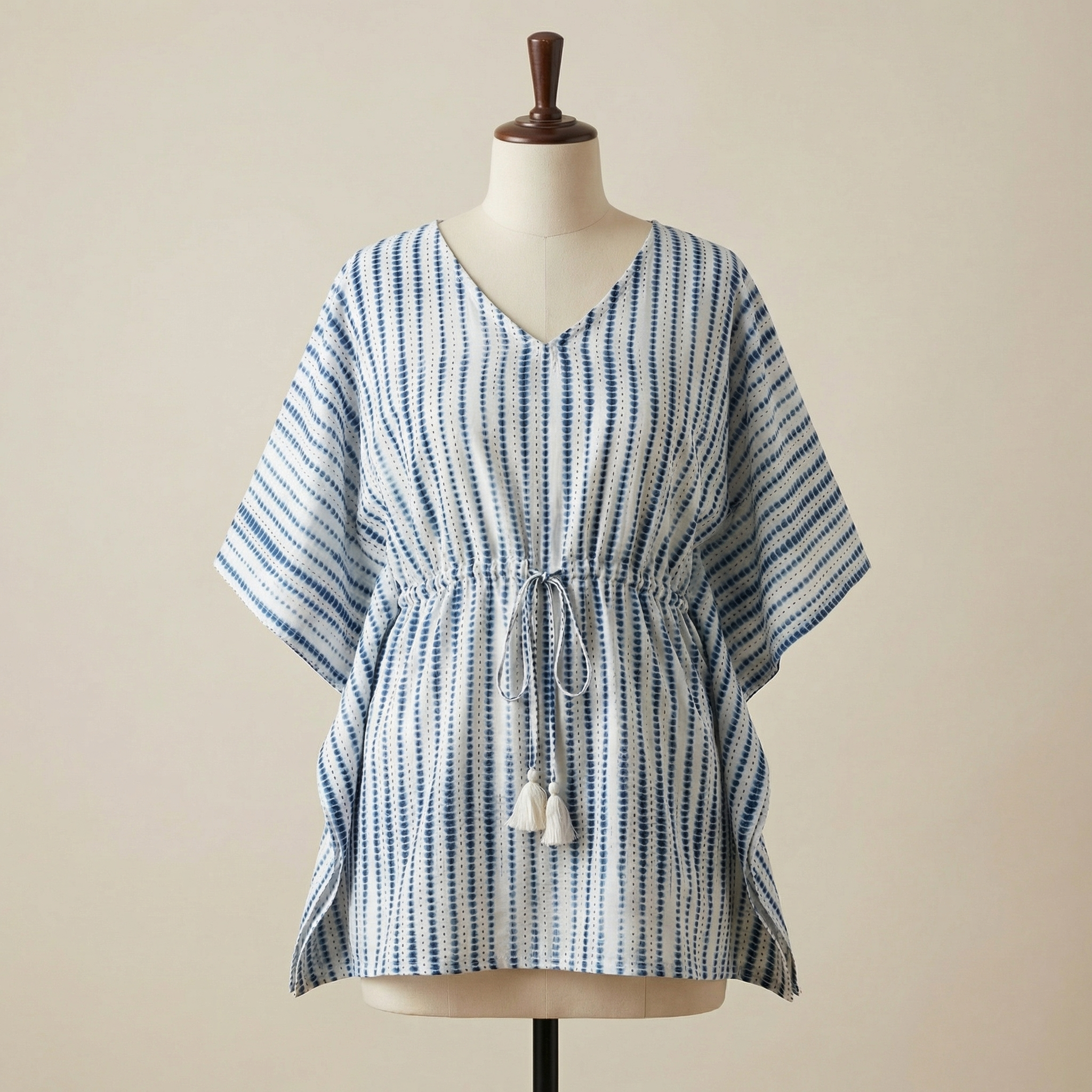 Kaftan Top #29- stripes printed organic cotton kaftan top in blue