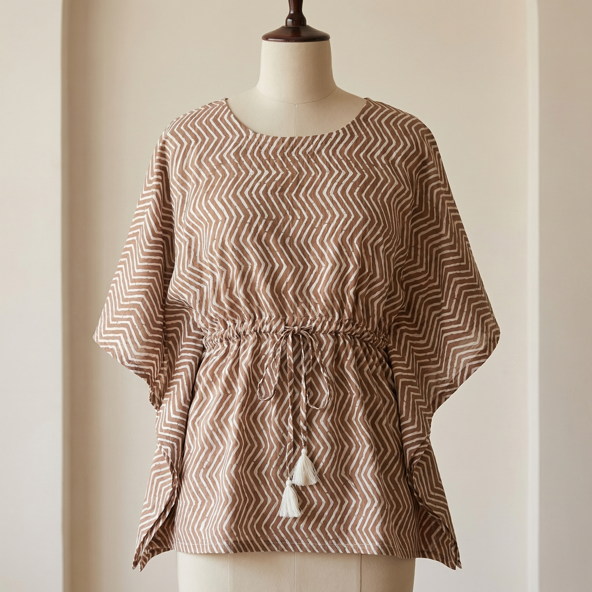 Kaftan Top #13- Zigzag printed organic cotton kaftan top in brown