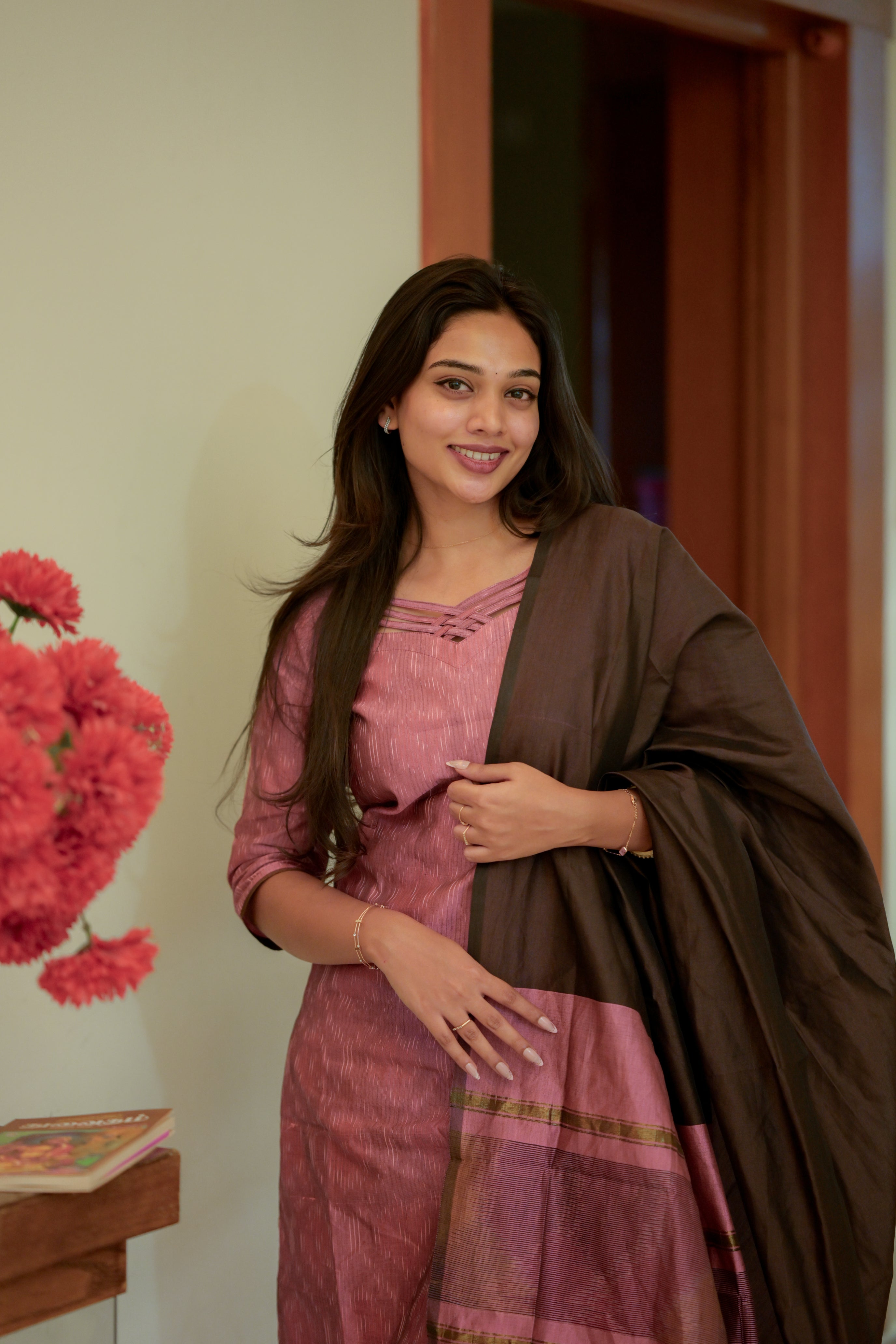 Jyotika ( pink ) - handloom silk by cotton suit set in pink & brown