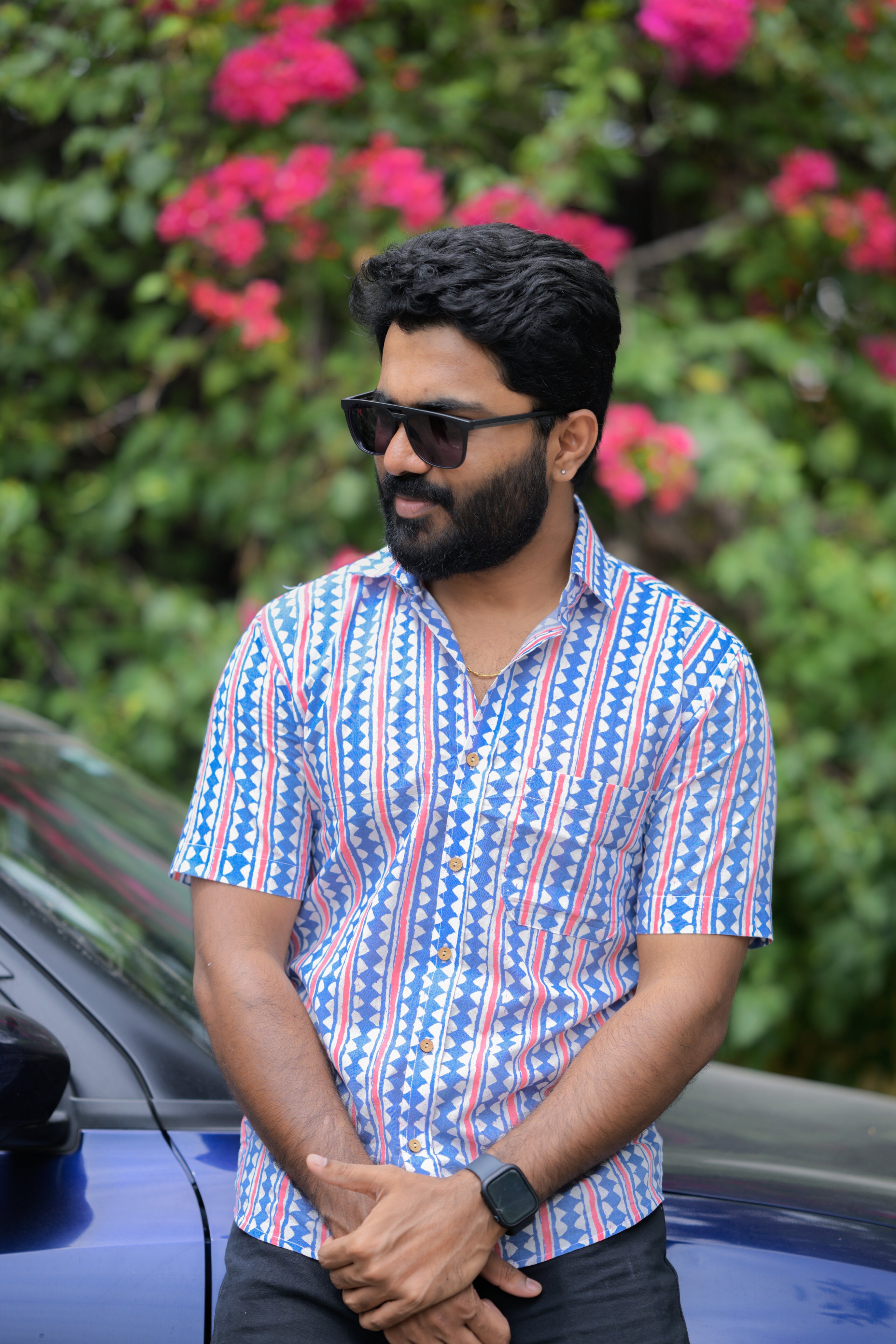 Shirt -24 - abstract handblock printed organic cotton shirt shirt in blue and pink