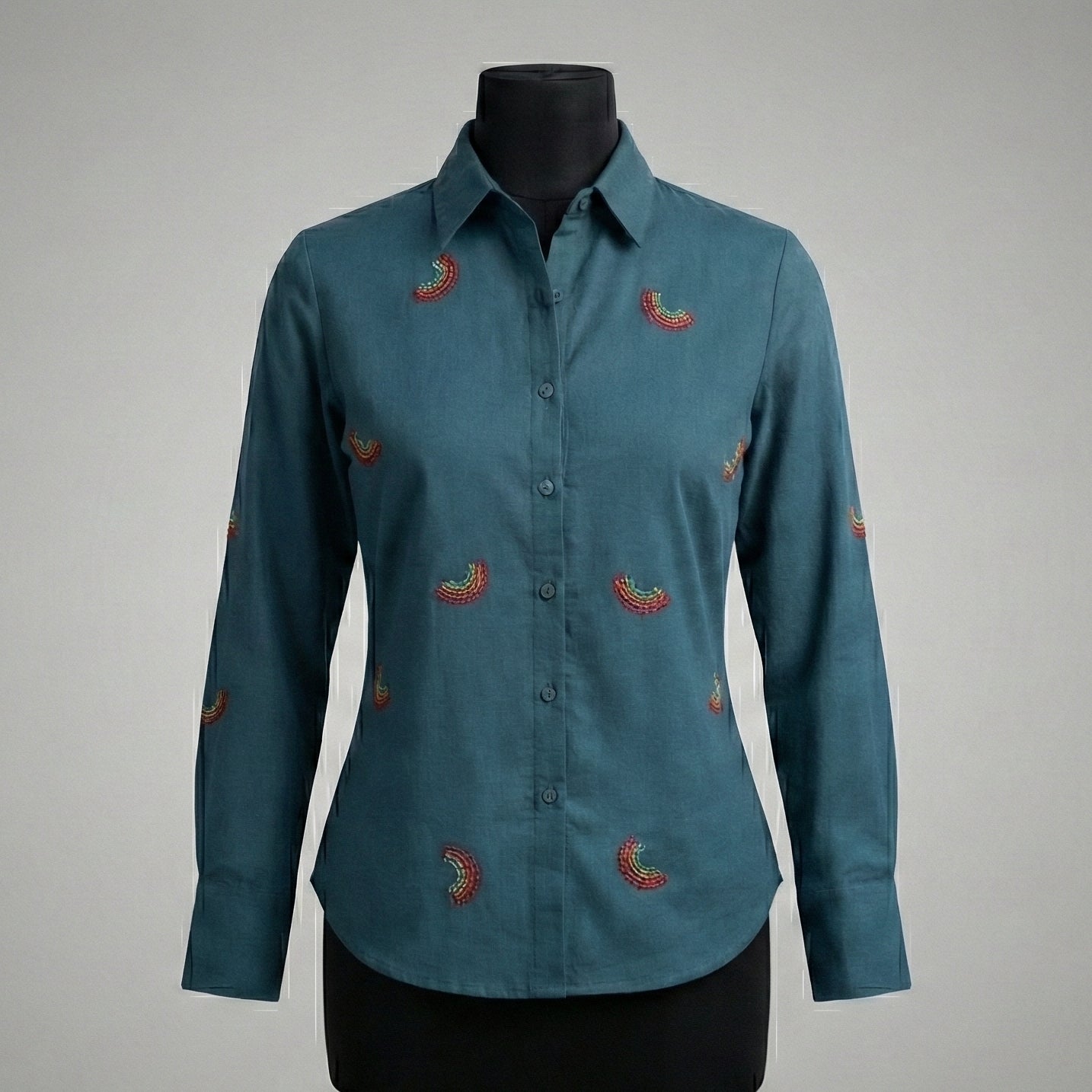 Embroidery shirt 3- Rainbow hand embroidered organic cotton shirt in teal blue