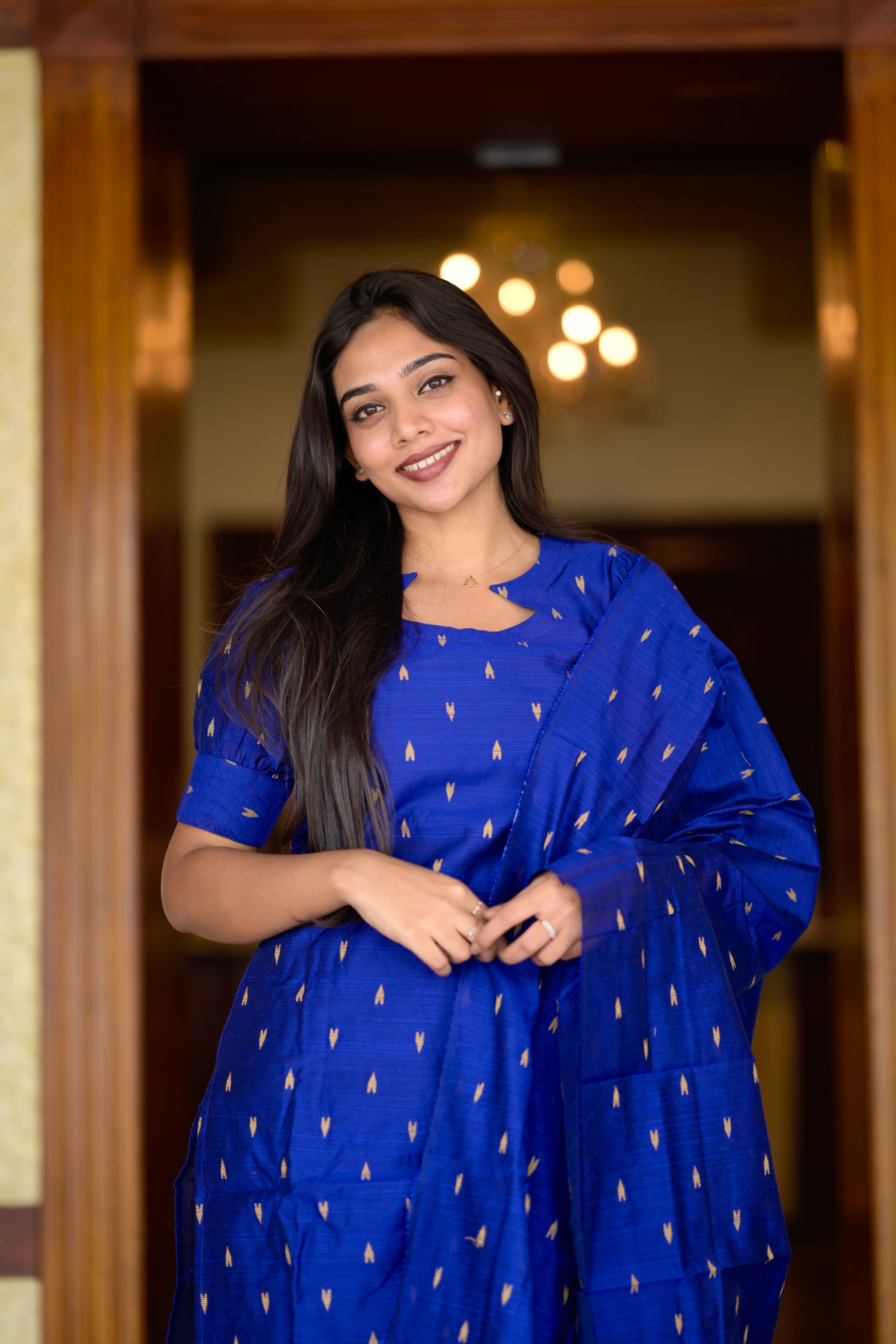 Varahi (royal blue ) - slub silk suit set in blue and gold colour combination