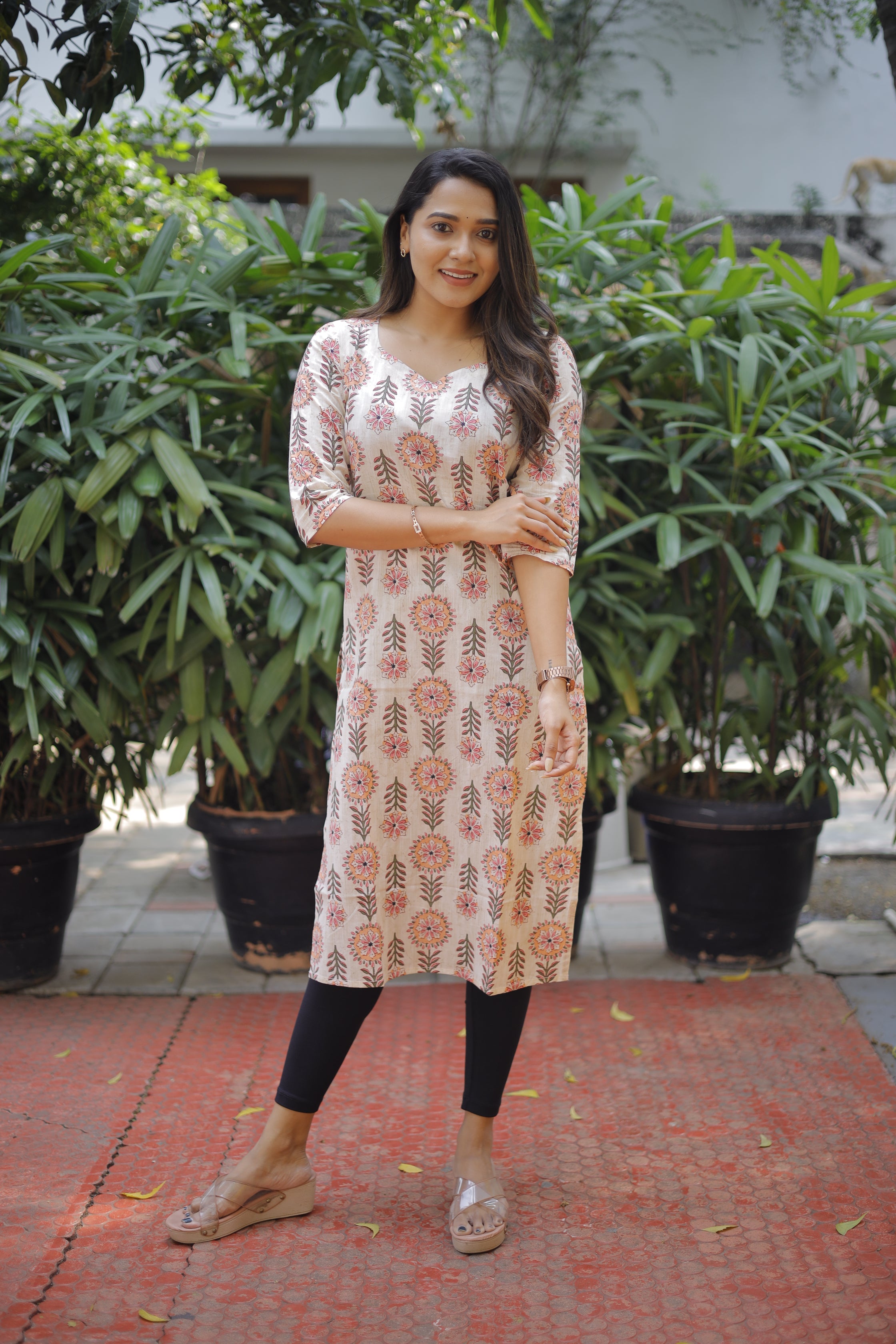 Kurti 111 - floral hand block printed cotton kurti in white