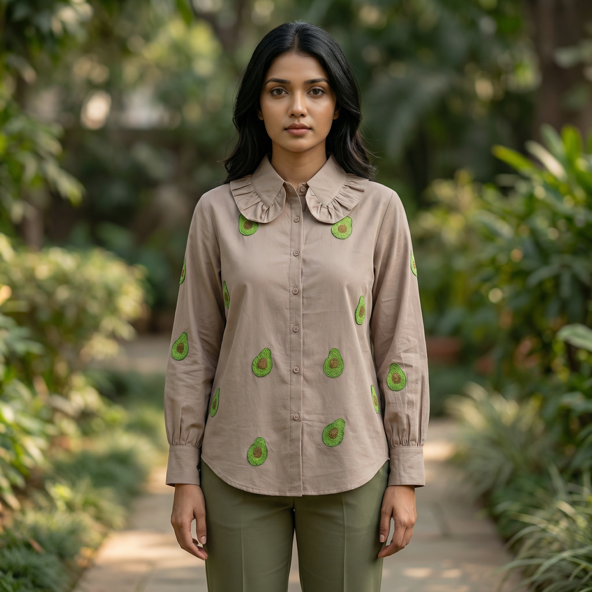 Embroidery shirt 8- Avacado hand embroidered organic cotton shirt in beige