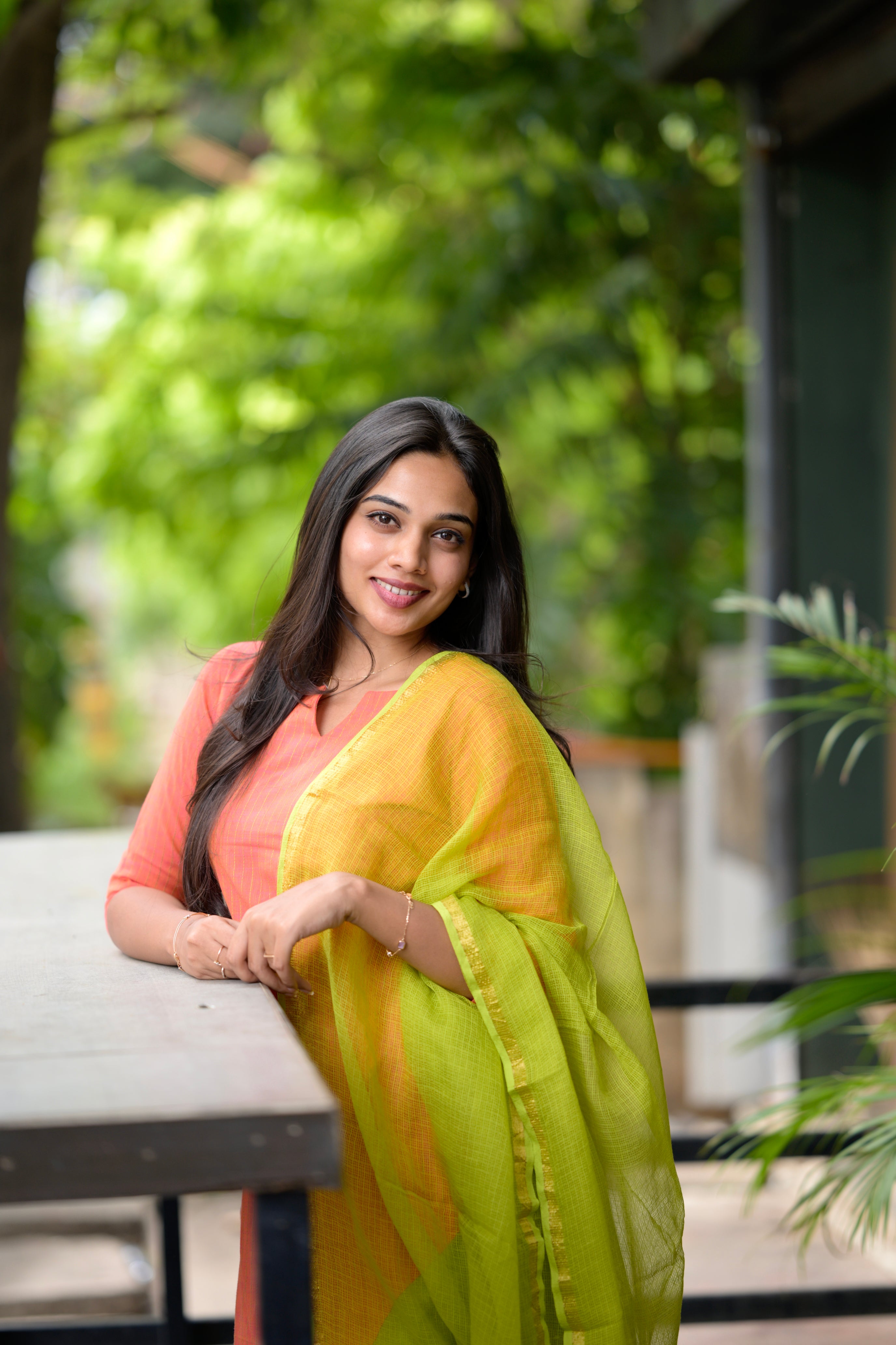 Sinamika ( peach) - handloom cotton kurta set with kota dupatta in peach and green