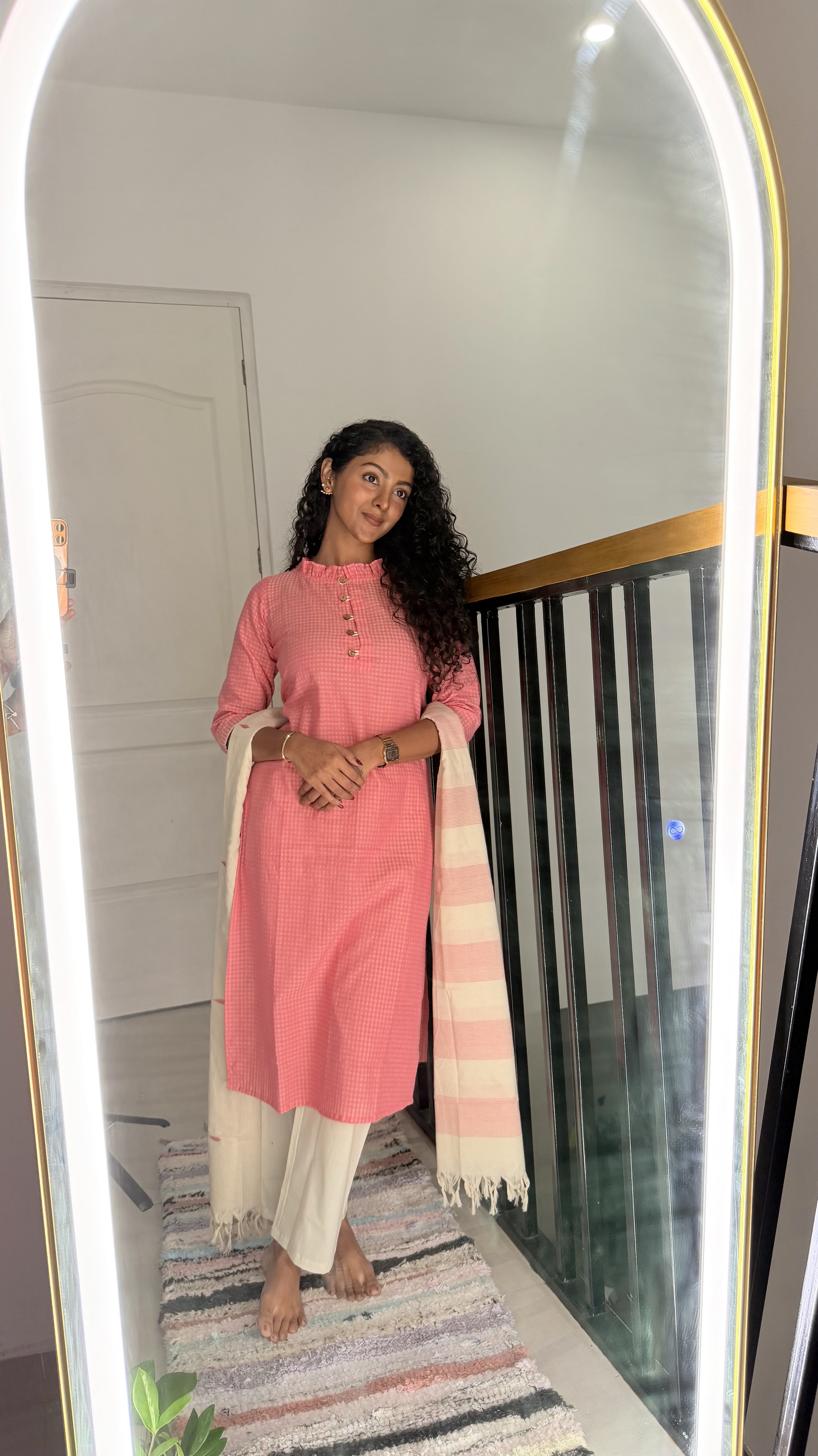 Nimisha ( pink) - checked handloom cotton suit set in pink