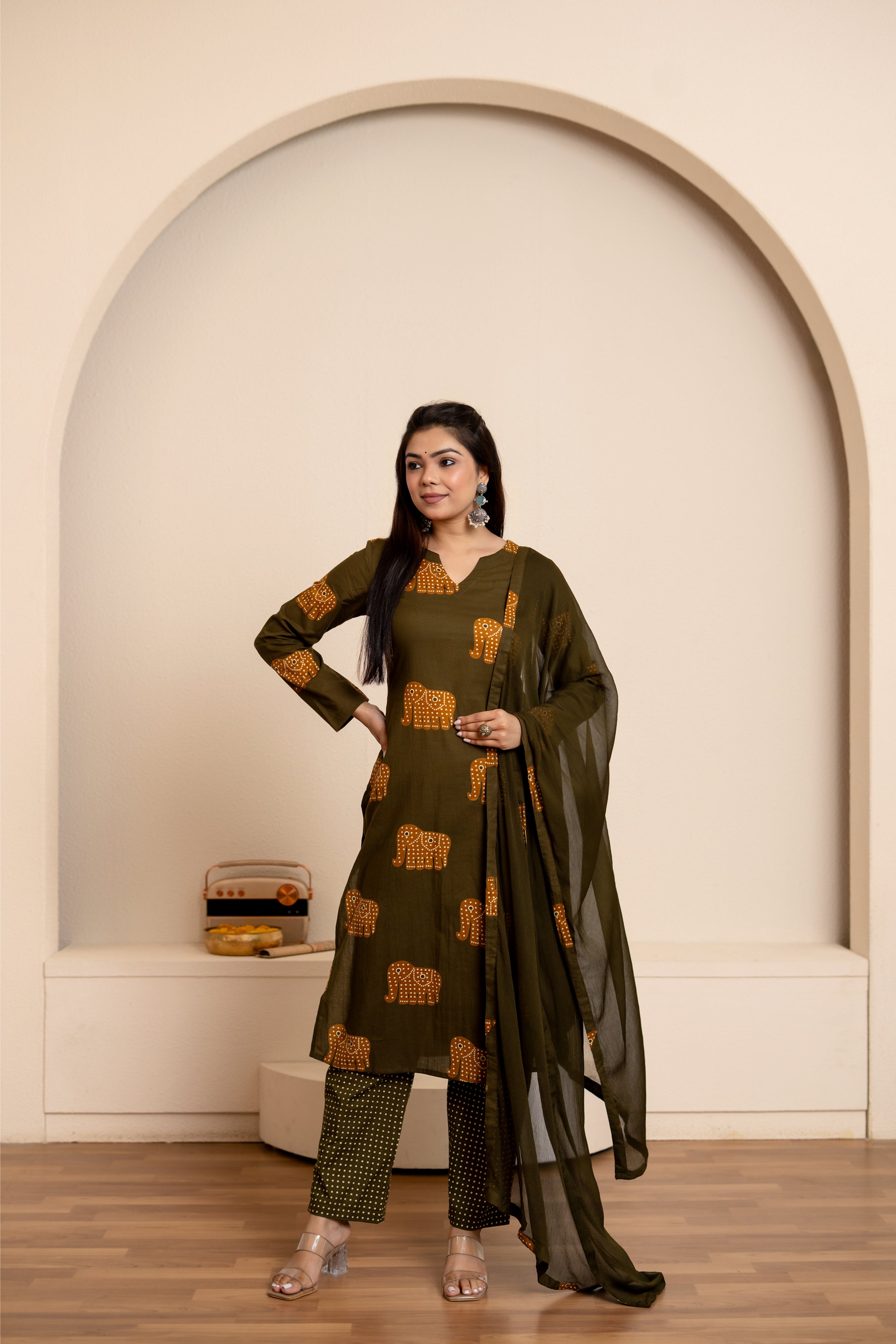 Hathira - elephant hand block printed cotton suit set in green and yellow