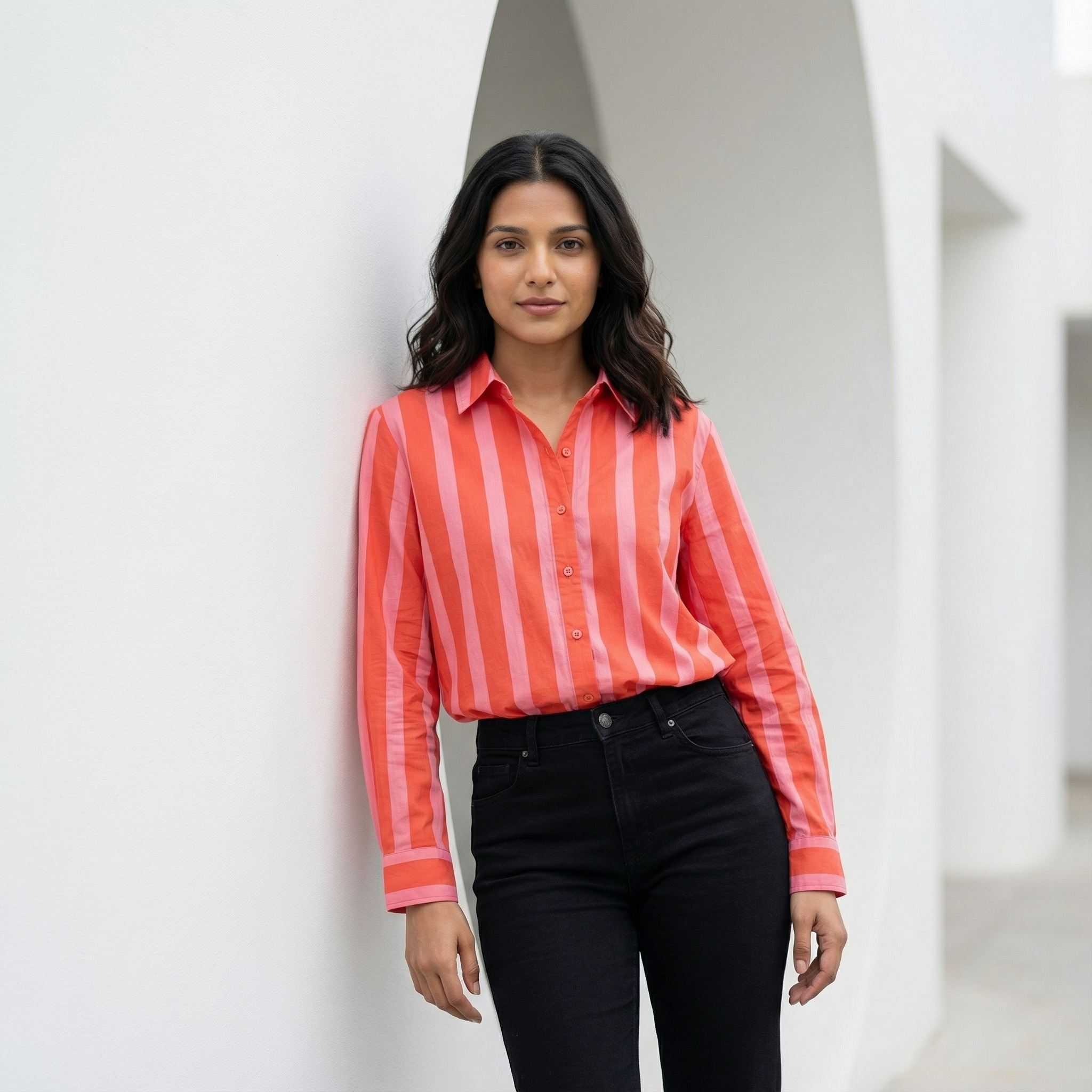 Women's shirt 3 - promenade striped cotton shirt in pink and red