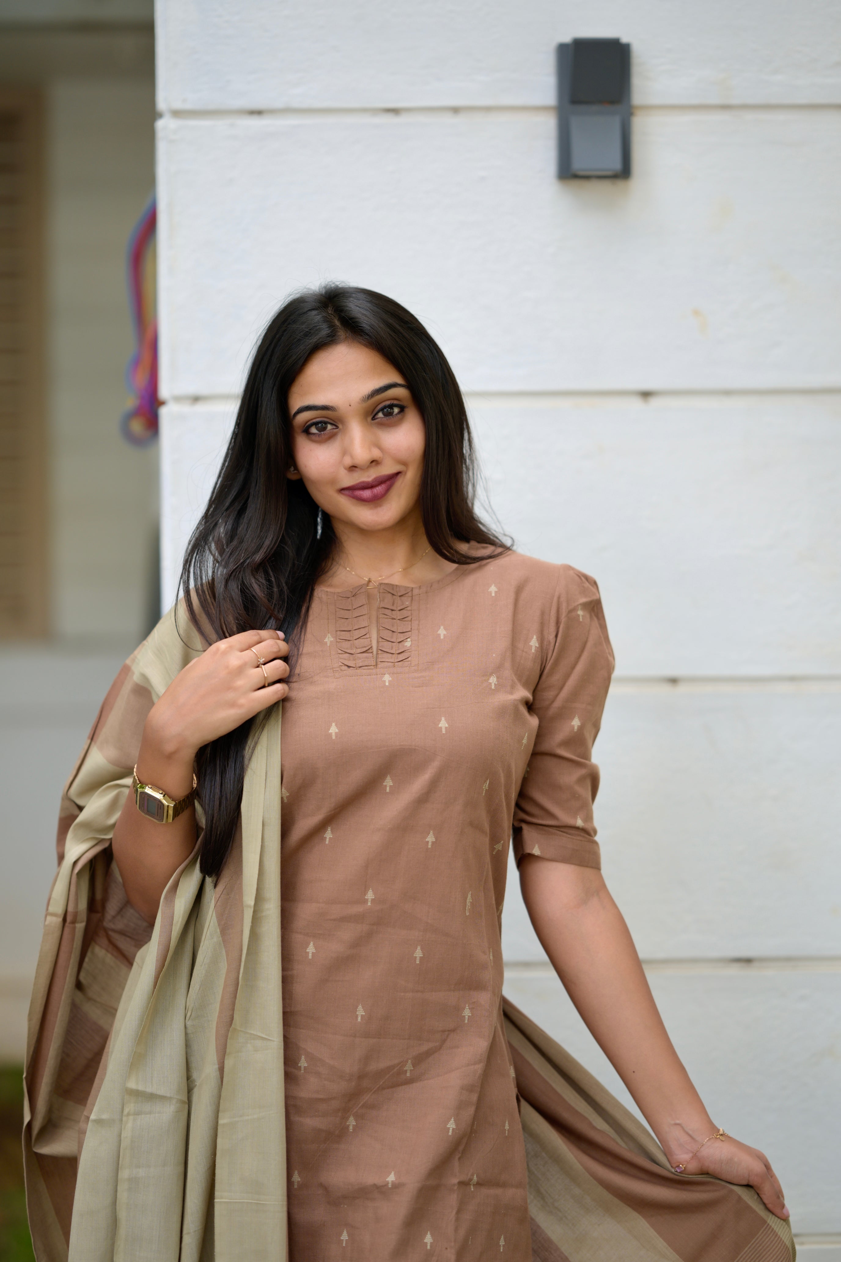 Radhya (sandal) - handloom cotton suit set in sandal