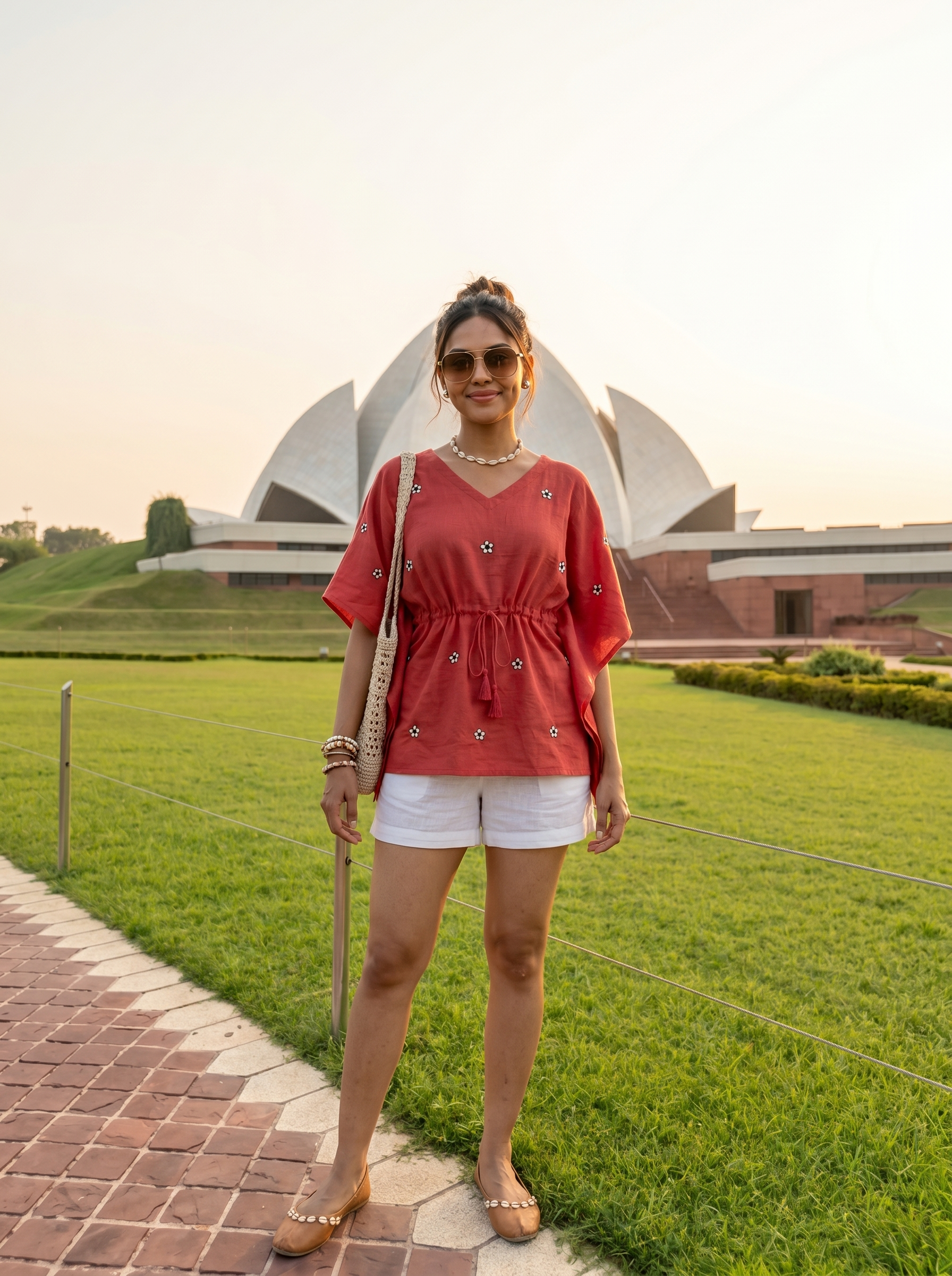 Kaftan Top #92 - Floral motiff embriodered organic cotton kaftan top in rust red