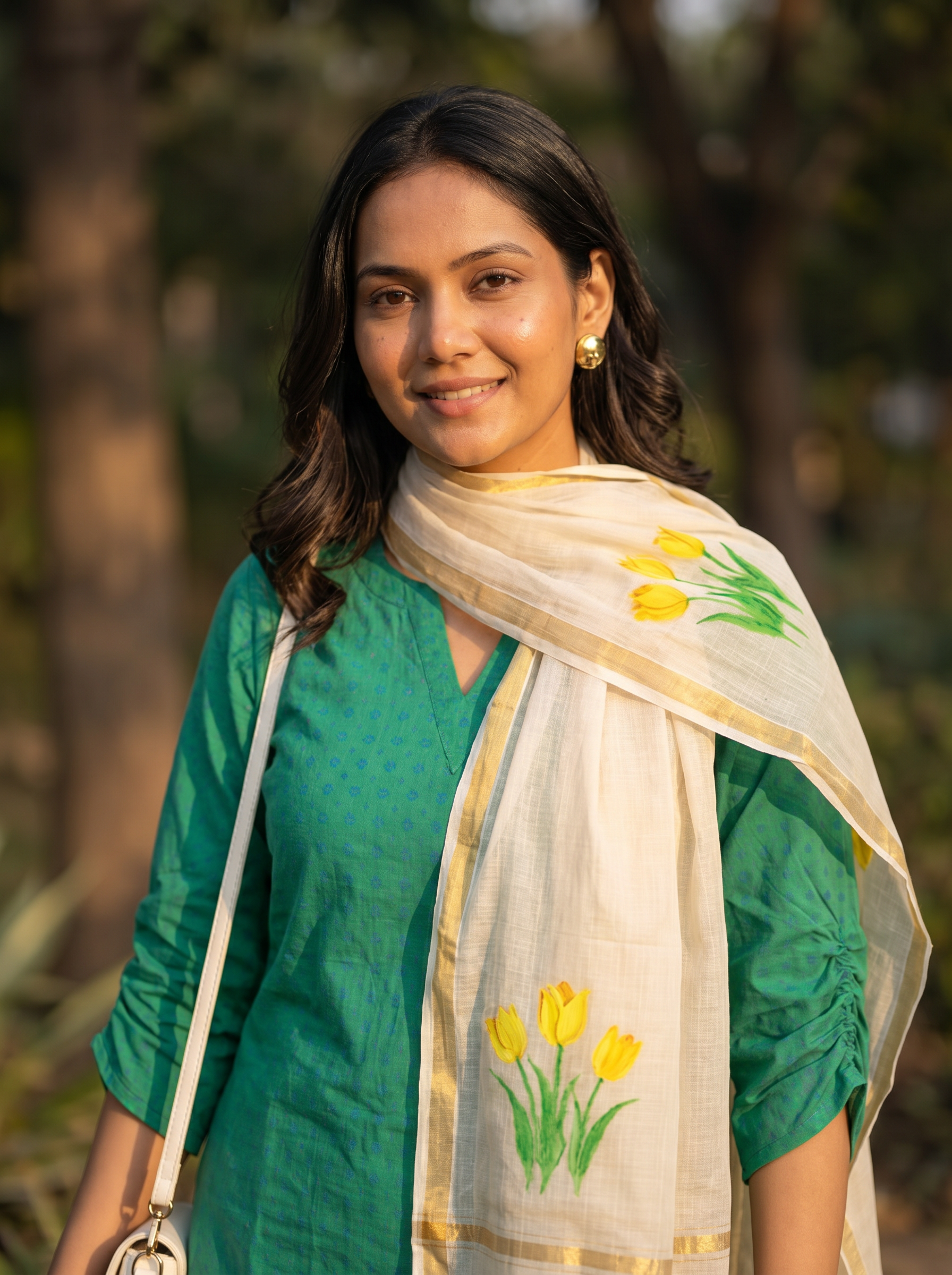 Kaira(green) - pure handloom cotton suit with kota zari dupatta which has handpainted tulips