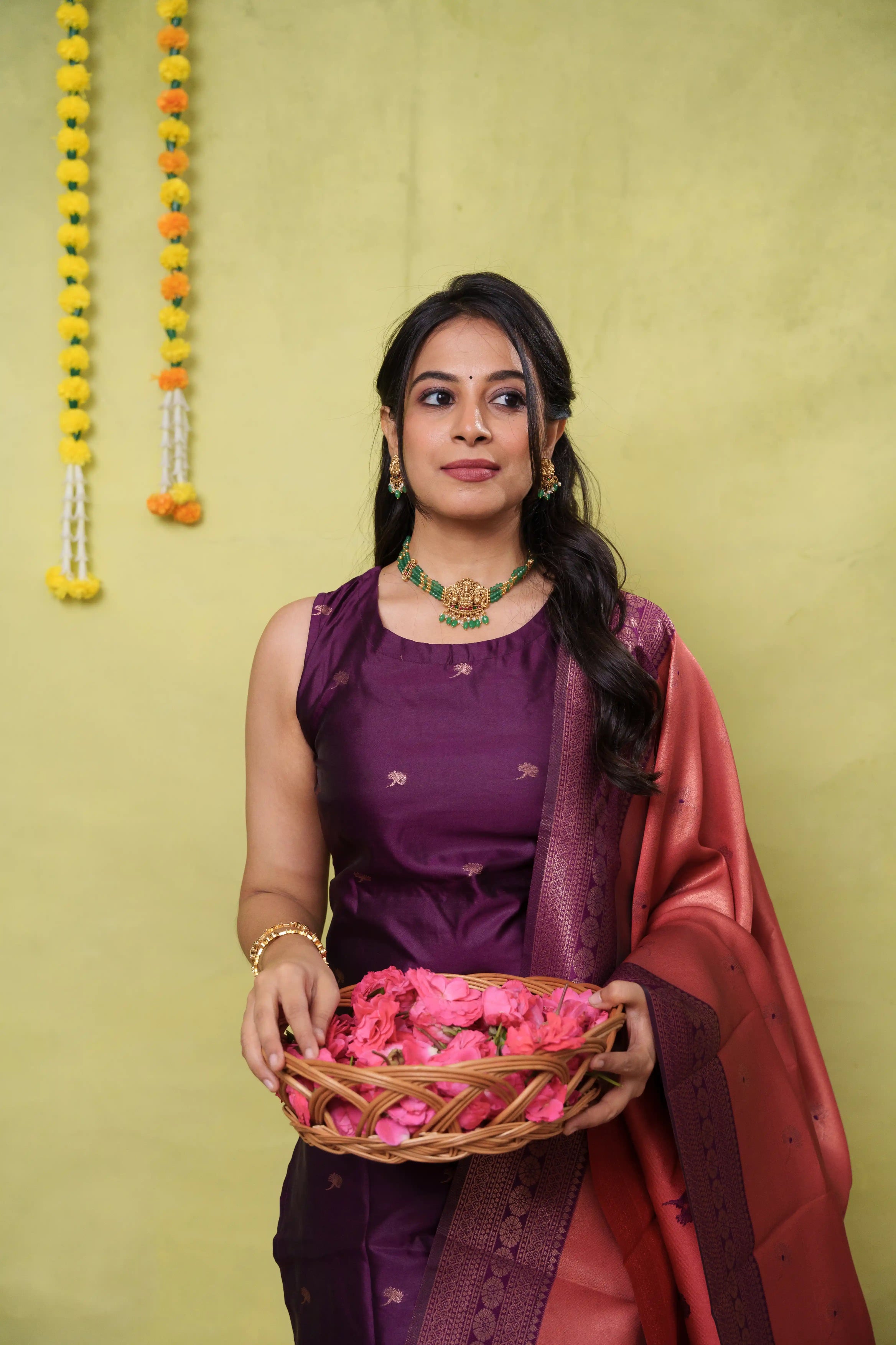 Vaishnavi (purple) - purple vegan silk suit with peach dupatta with purple border