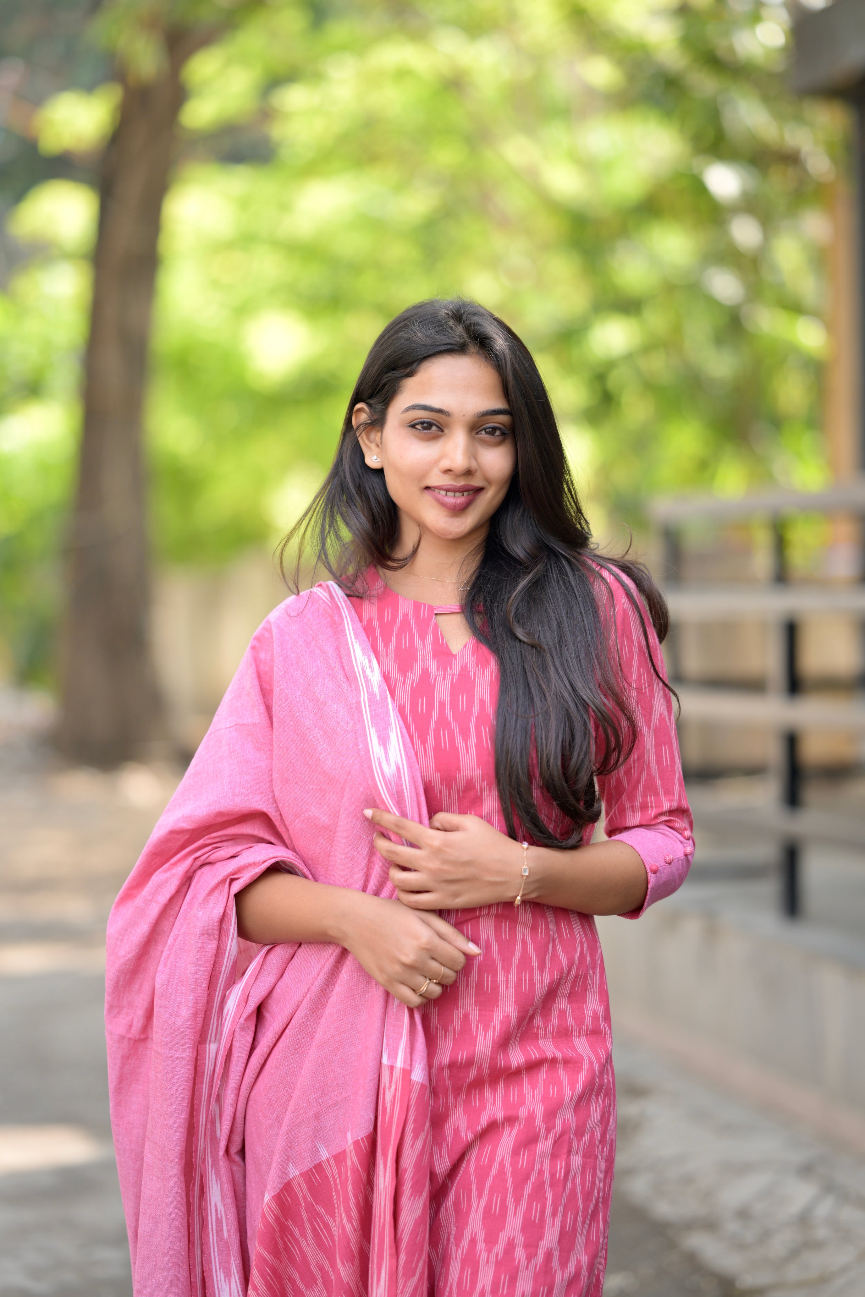 Tulsi (pink) - pochampally ikkat handloom cotton suit set in pink