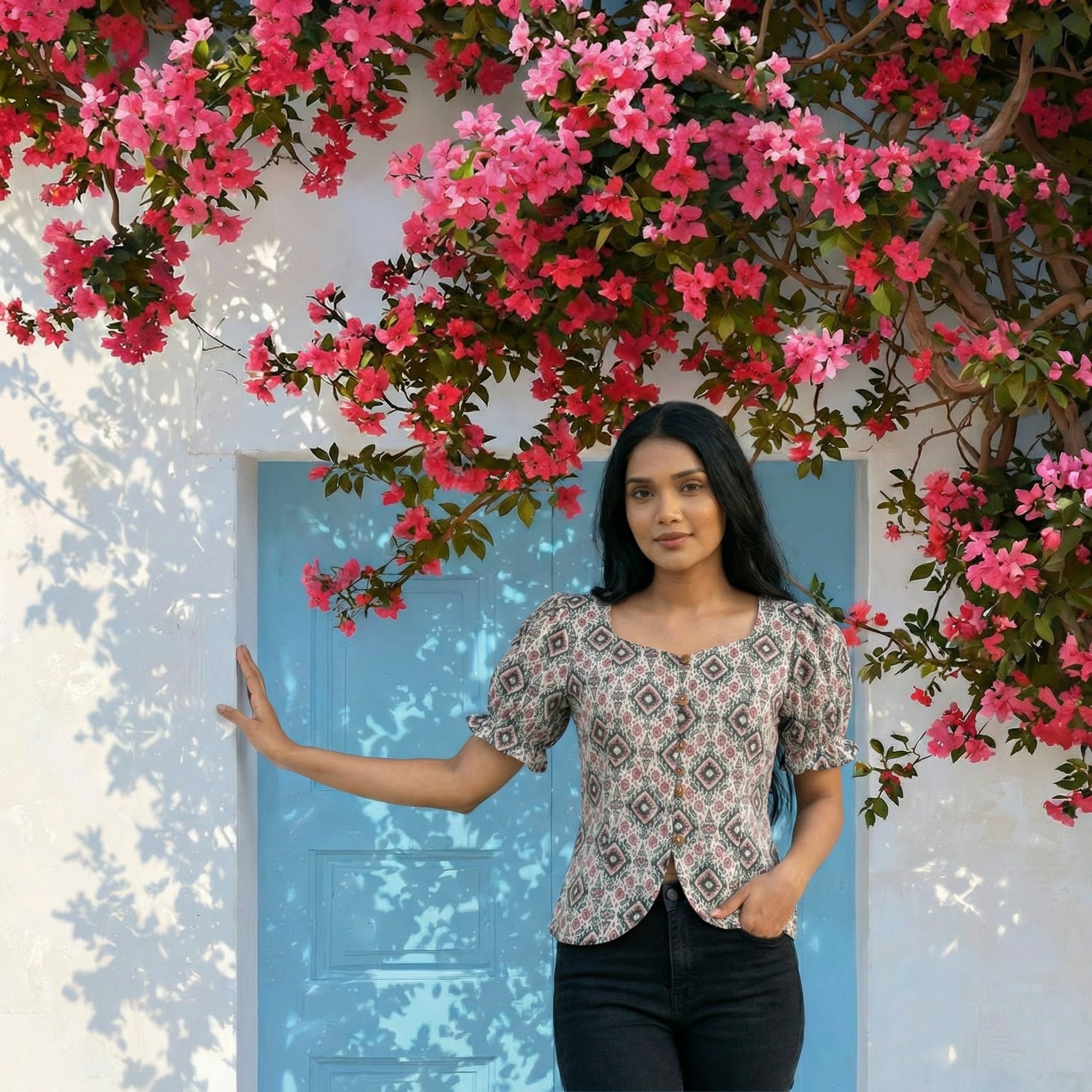 Crop top #75- handloom puff hand organic cotton top in multi colour