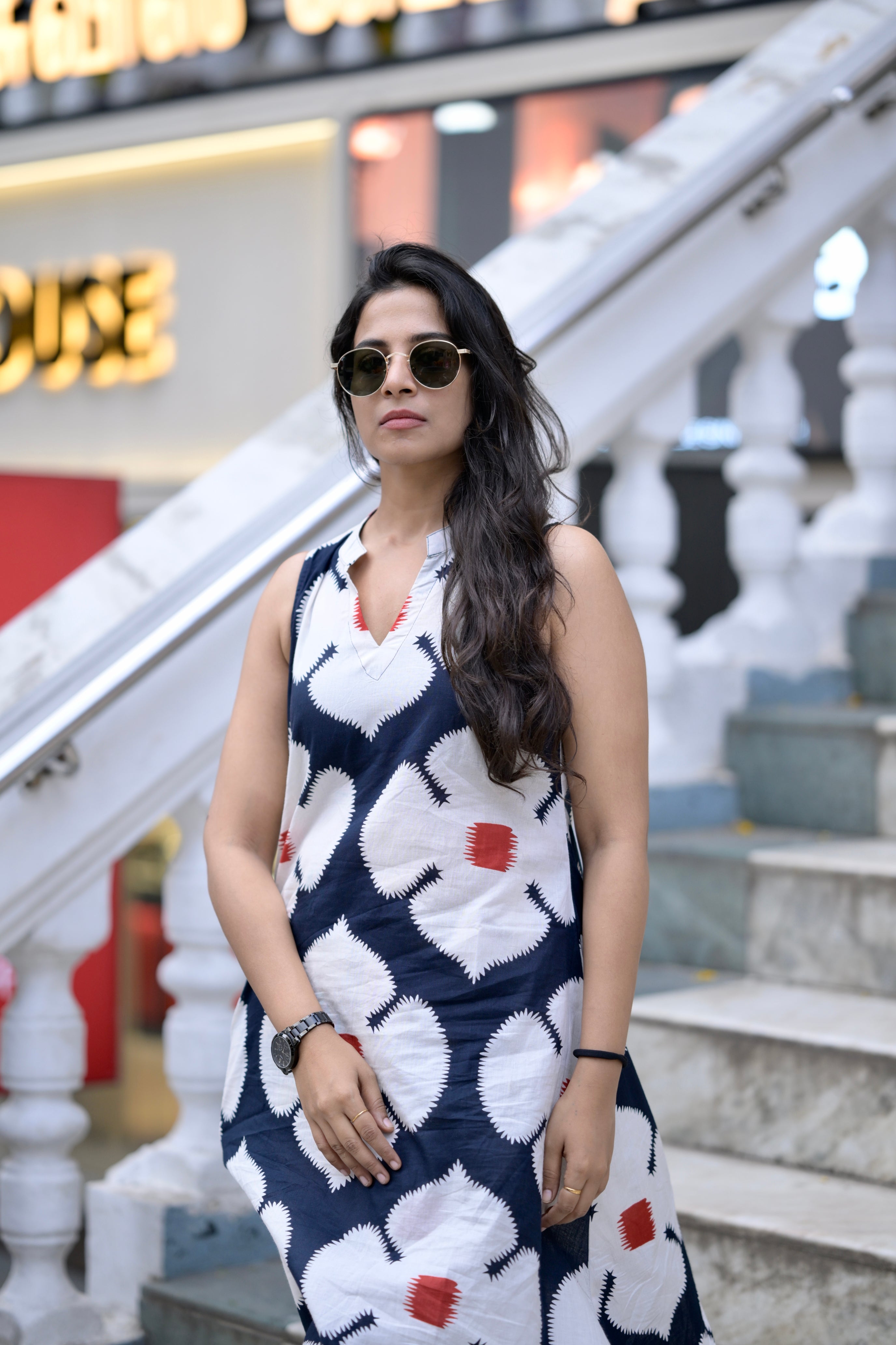 Taara (abstract) - floral handblock A line organic cotton kurta set in black