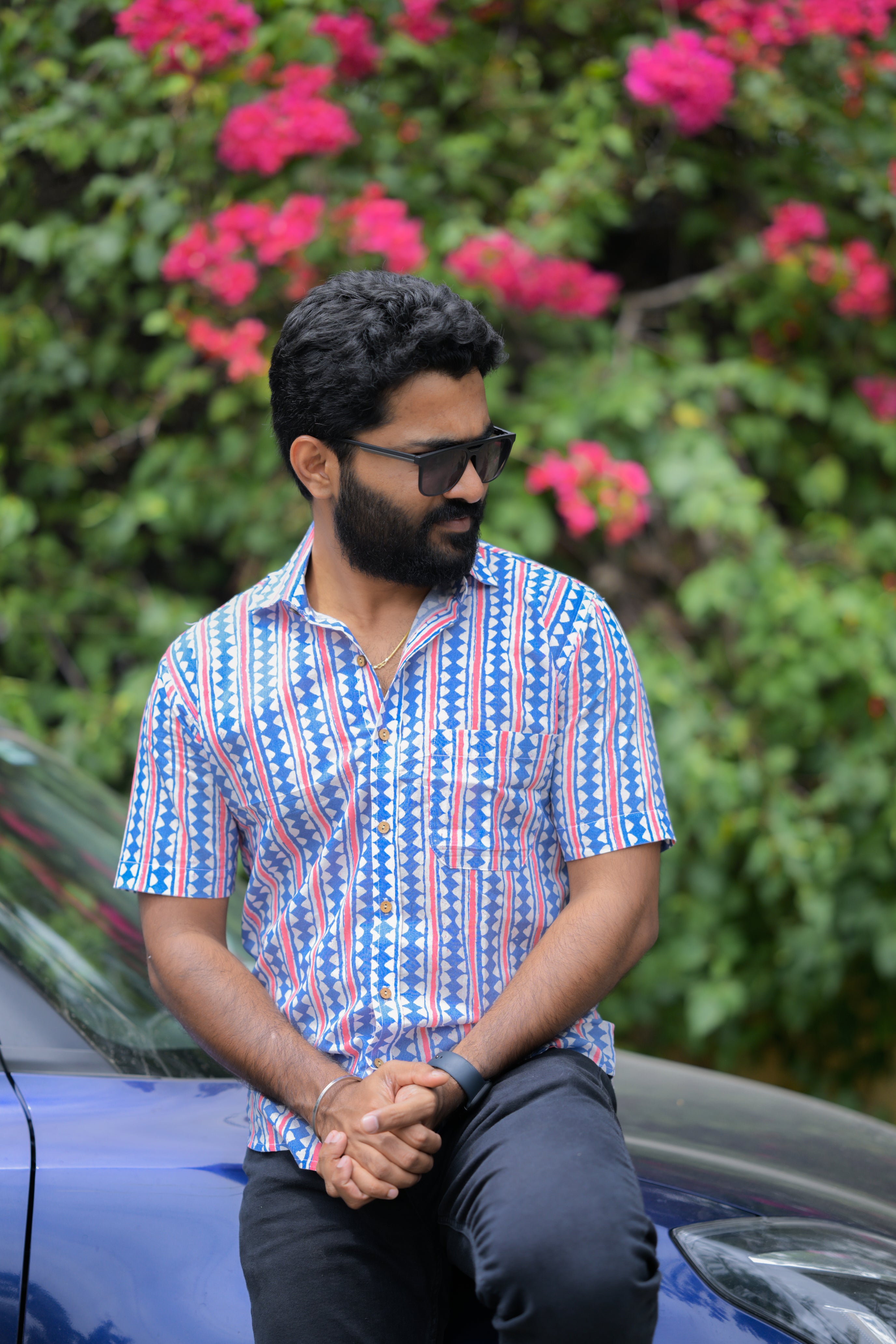 Shirt -24 - abstract handblock printed organic cotton shirt shirt in blue and pink