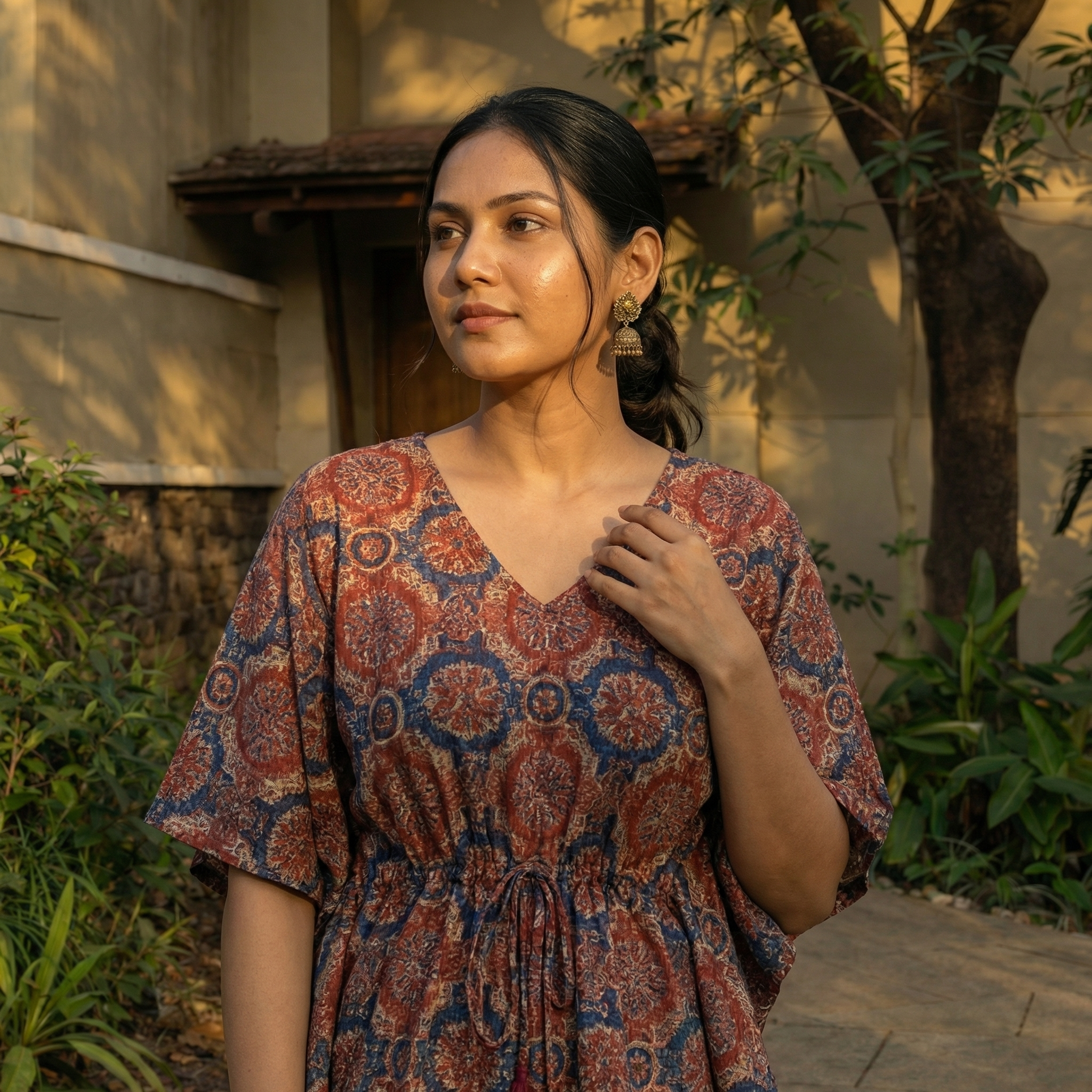 Kaftan Top #40- Ajrakh printed organic cotton kaftan top in red and blue