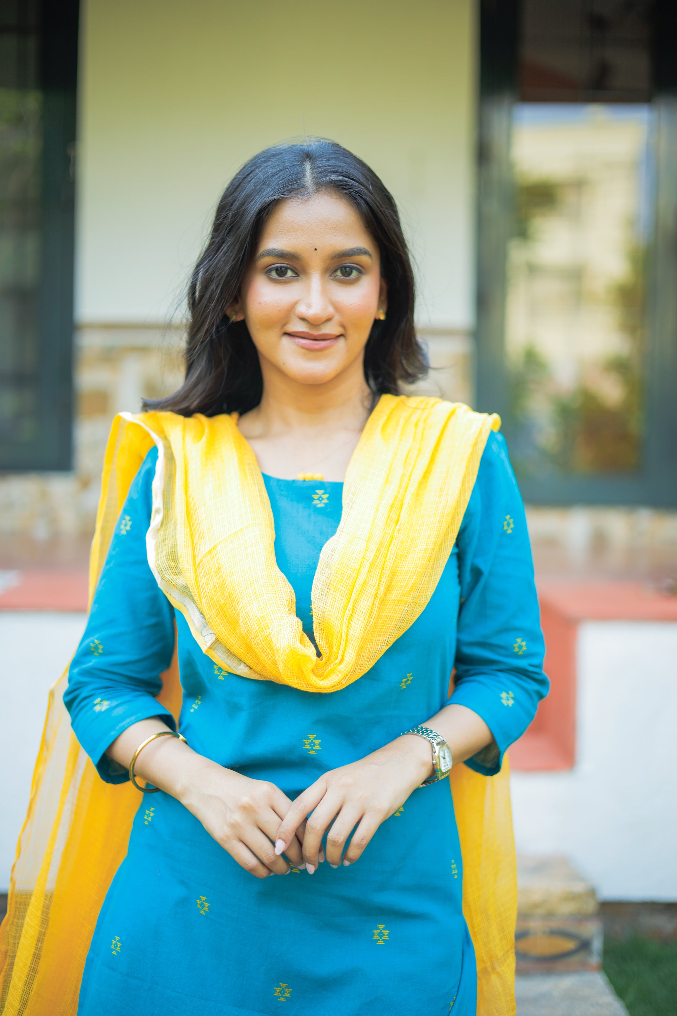 Simran (blue) - handloom cotton suit set in blue and yellow