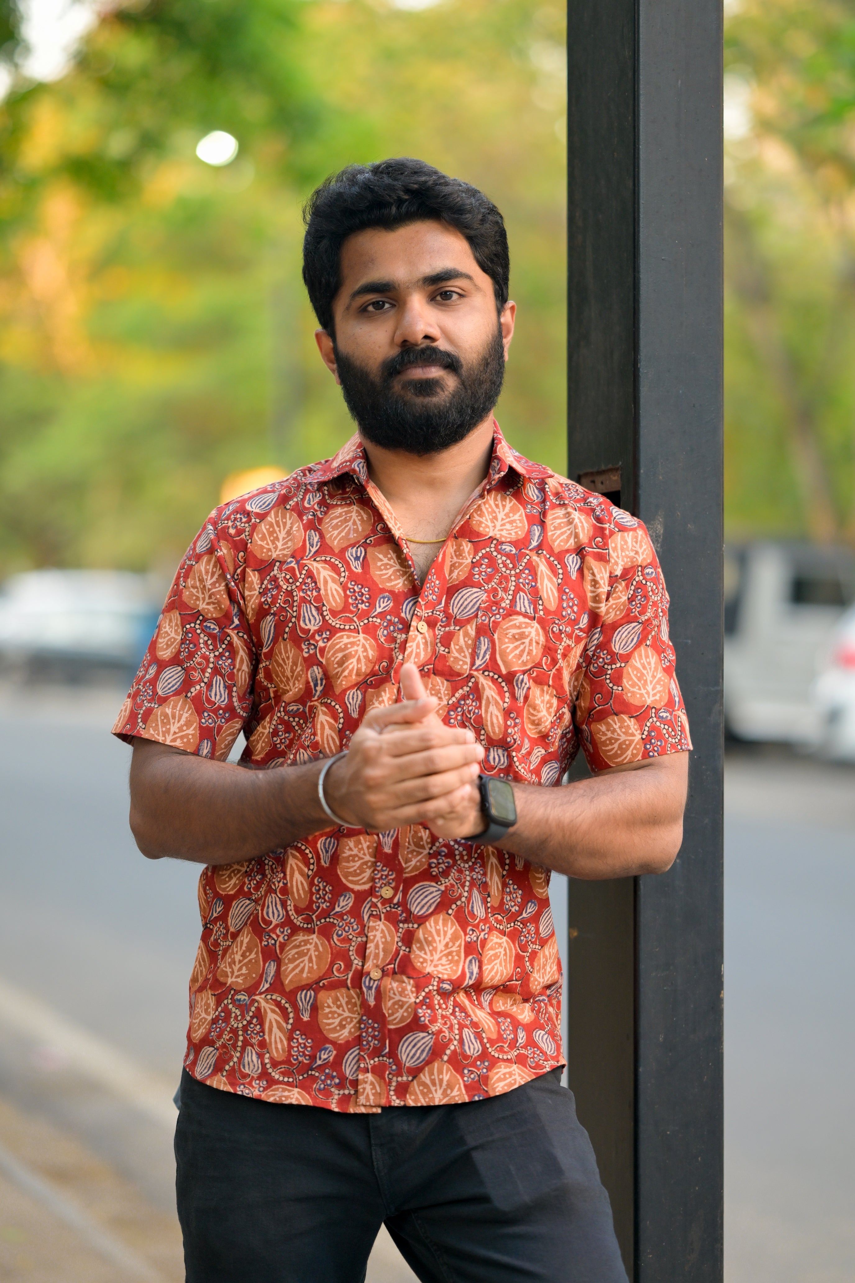 Shirt -31 - Leaf handblock printed organic cotton shirt in red and orange