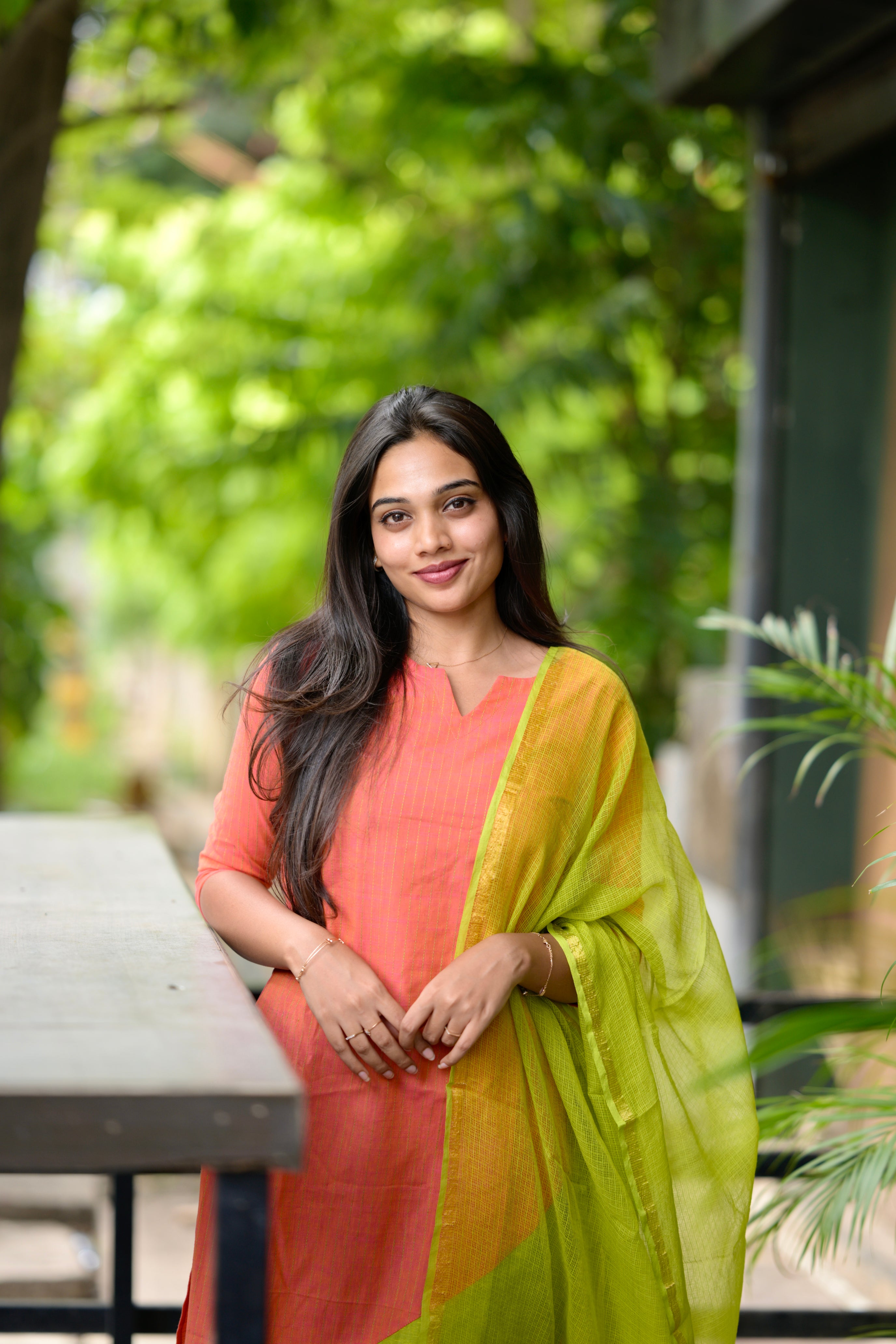 Sinamika ( peach) - handloom cotton kurta set with kota dupatta in peach and green