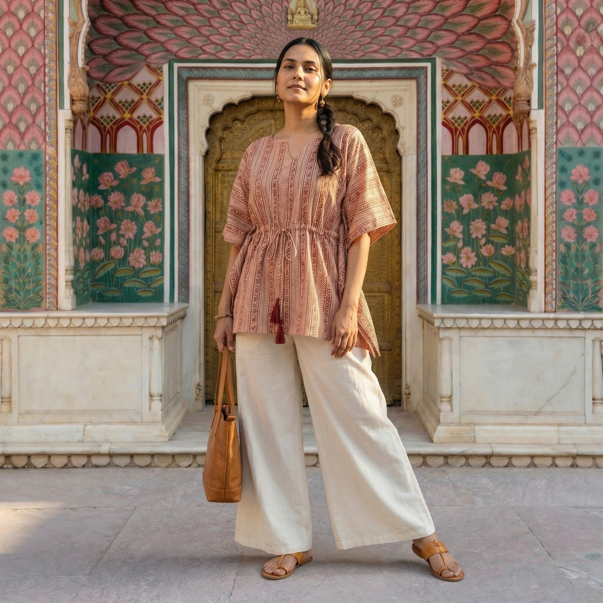 Kaftan Top #27- abstract printed organic cotton kaftan top in beige and reddish brown