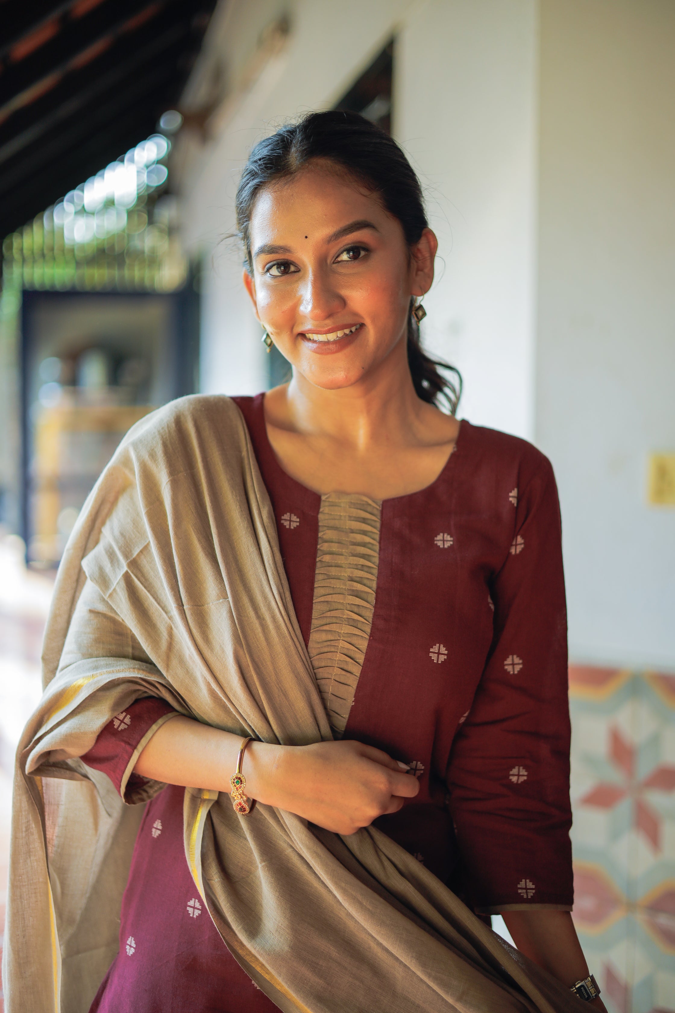 Simran (wine) - handloom cotton suit set in wine and grey