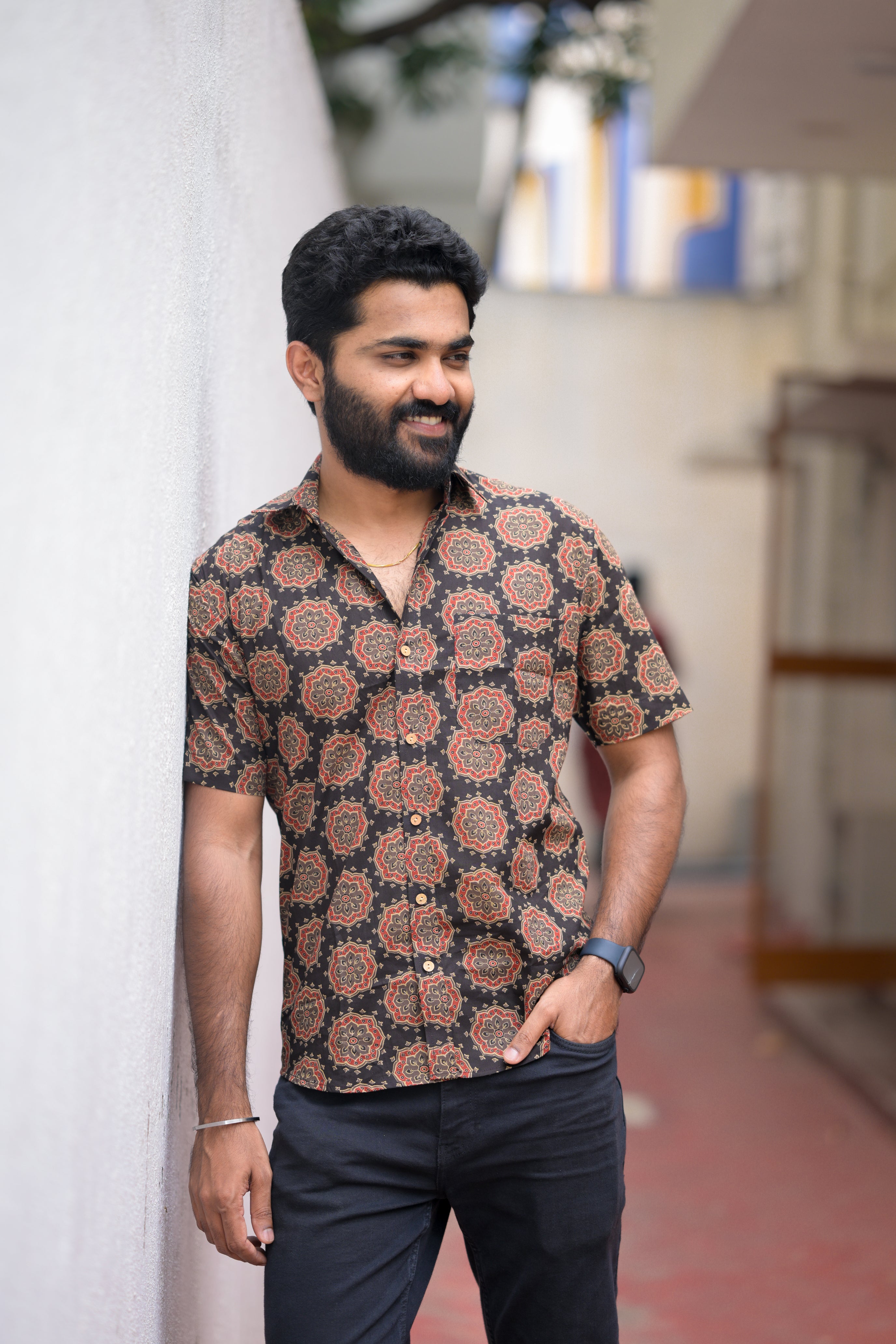 Shirt - 27 - ajrakh handblock printed organic cotton shirt in black and red