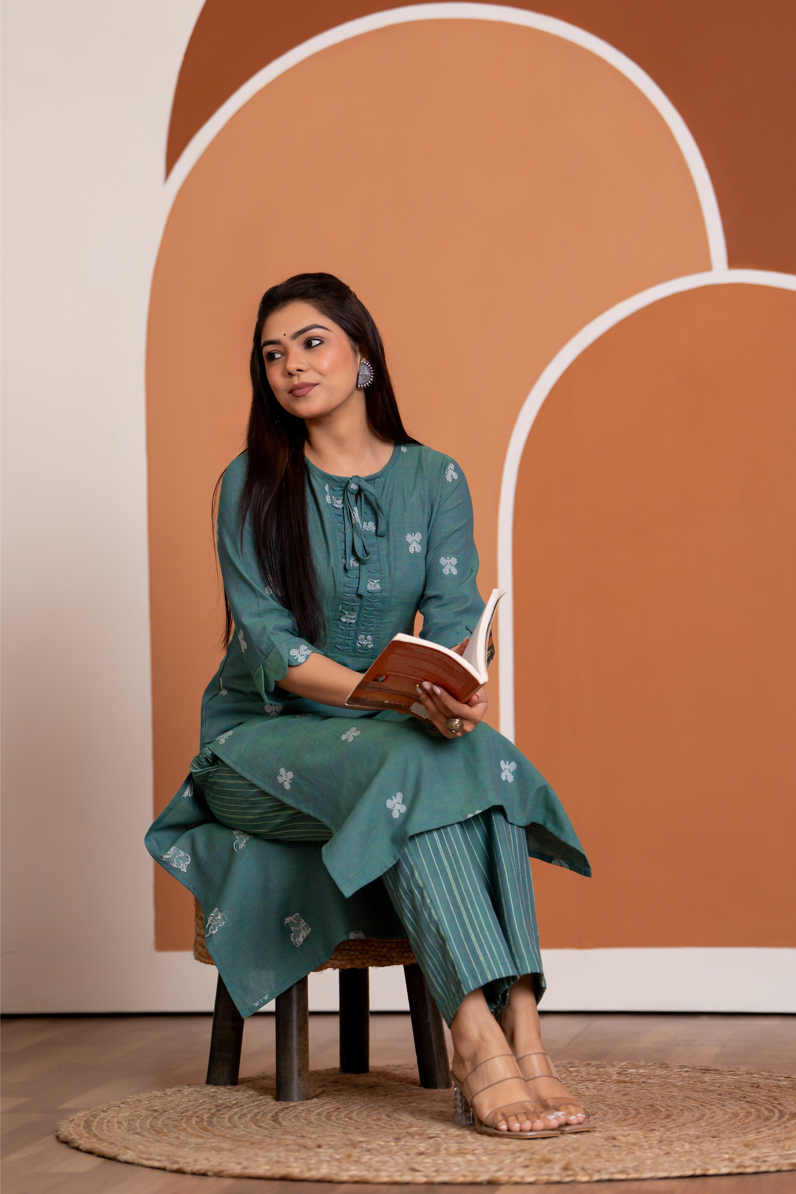 Mahikha - butterfly handwoven handloom cotton kurta set in sea blue colour