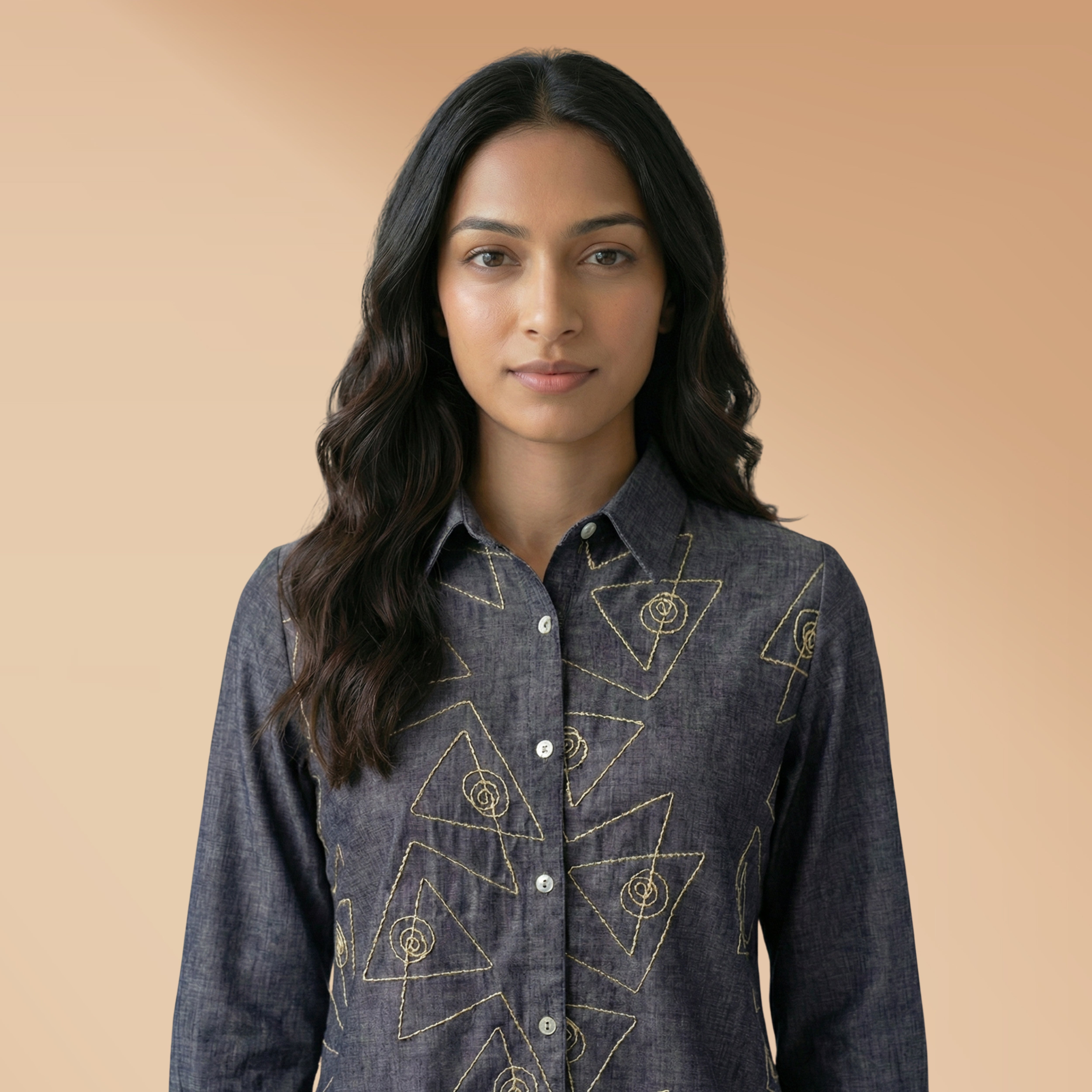 Women Linen shirt 2 - linen cotton shirt denim blue colour with hand embroidery
