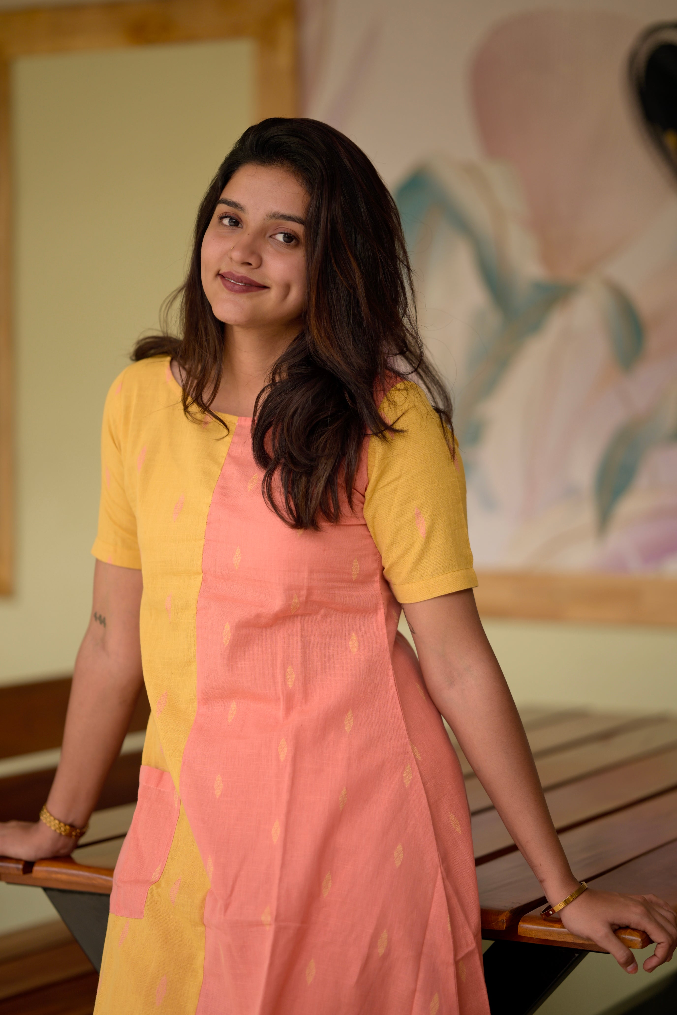 Vamakshi (yellow)  - Handwoven lines and buttas in handloom cotton kurta set in yellow and orange