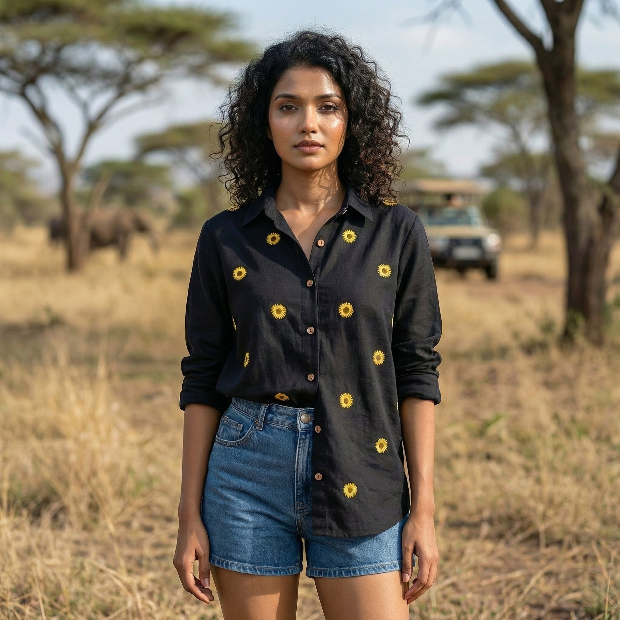 Embroidery shirt 10- sunflower embroidered organic cotton shirt in black