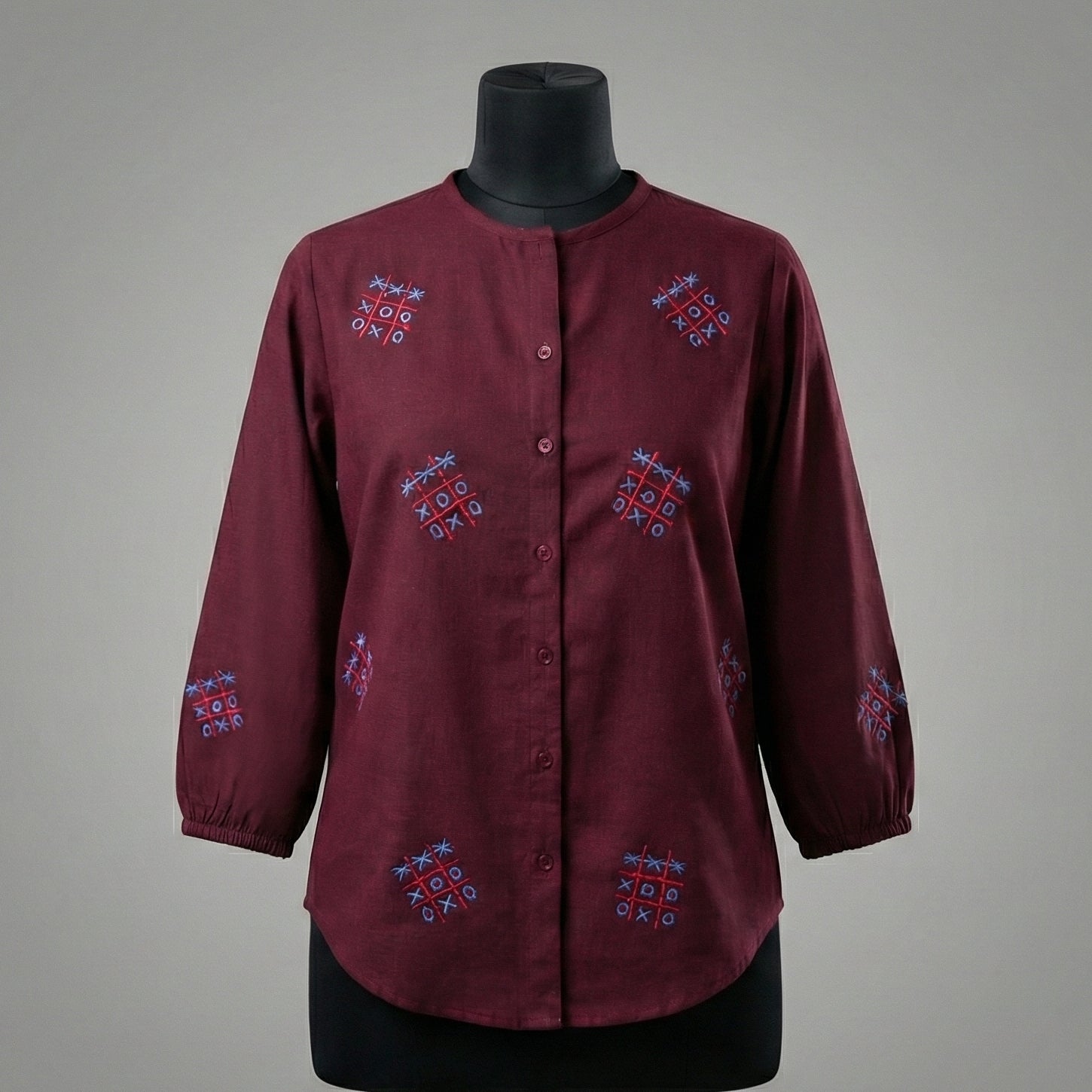 Embroidery shirt 5-XOXO hand embroidered organic cotton shirt in maroon