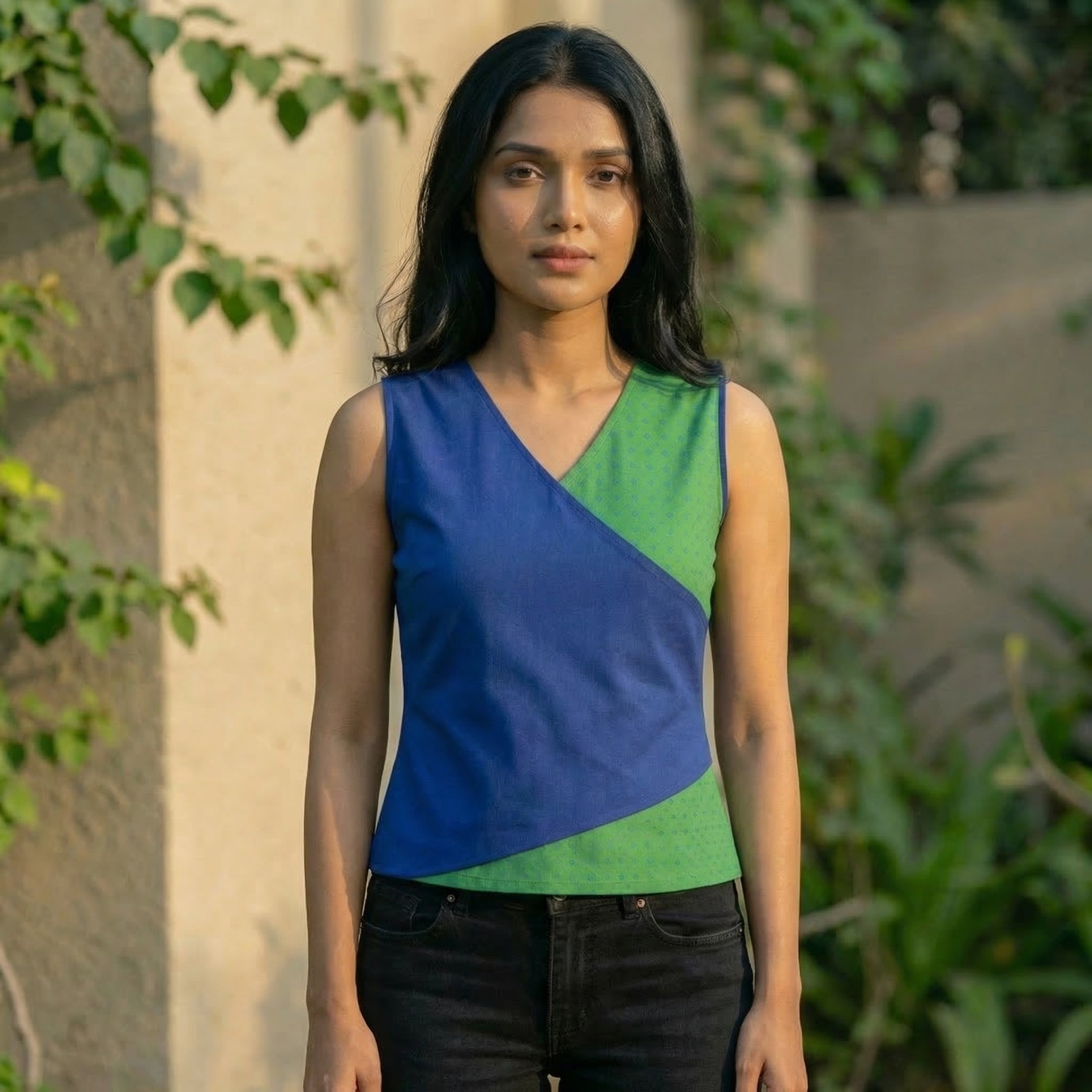 Crop top #88- handloom organic cotton top in Pepsi blue and green