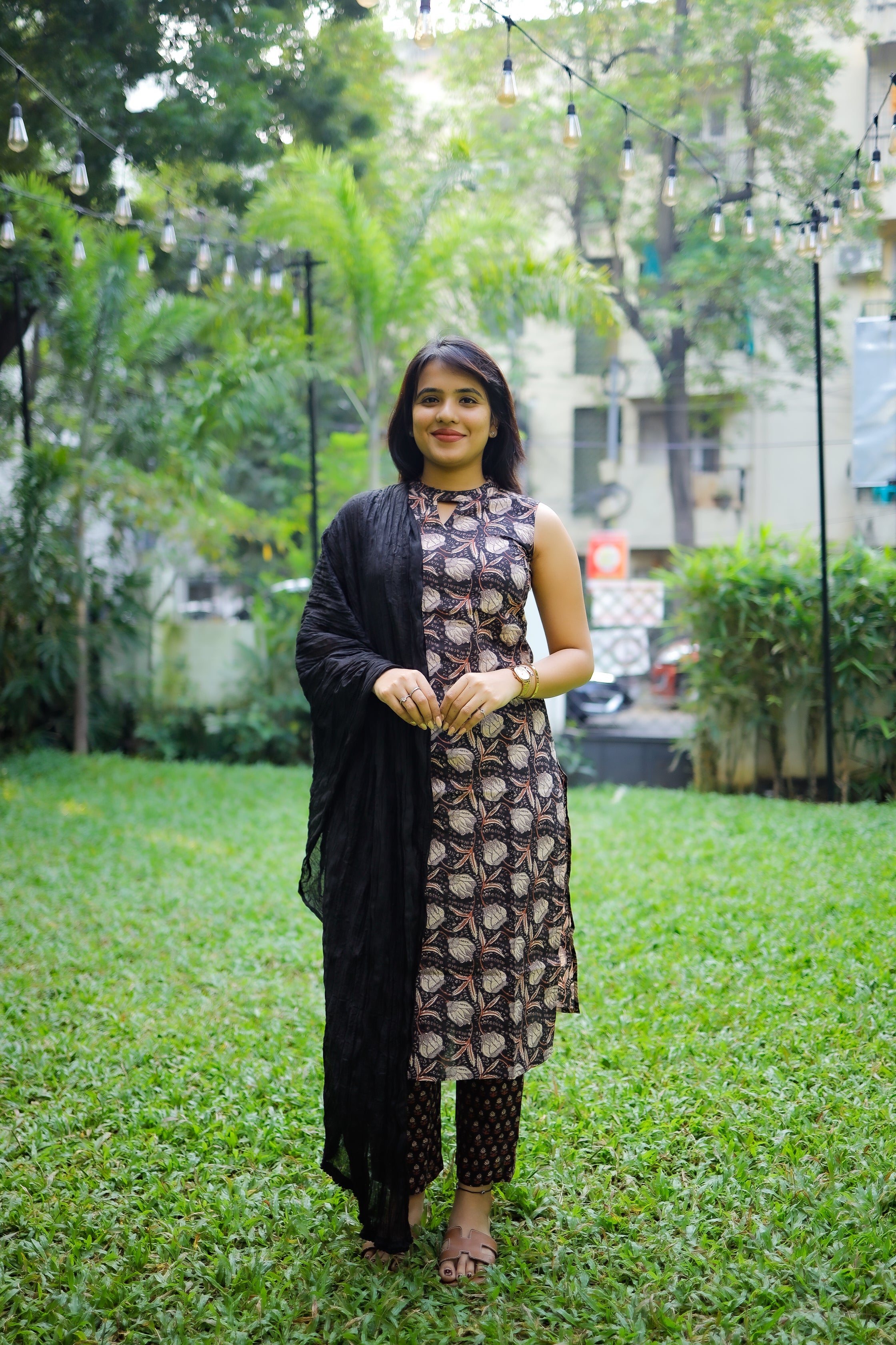 Vyomika - floral handblock printed cotton suit set in black